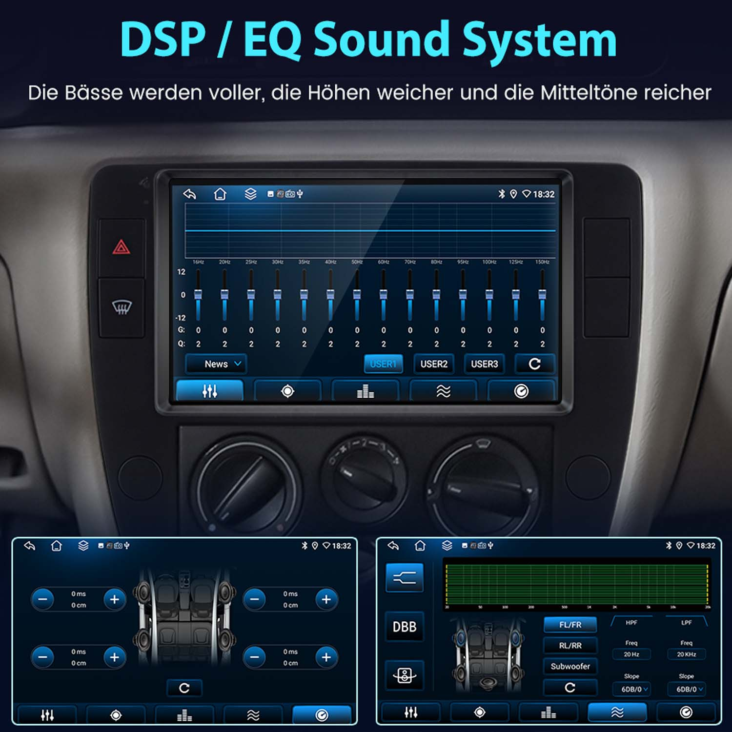 Ein Car-Audio-Bildschirm zeigt Equalizer-Einstellungen mit Schiebereglern und Audiosteuerungen in einem Armaturenbrett.