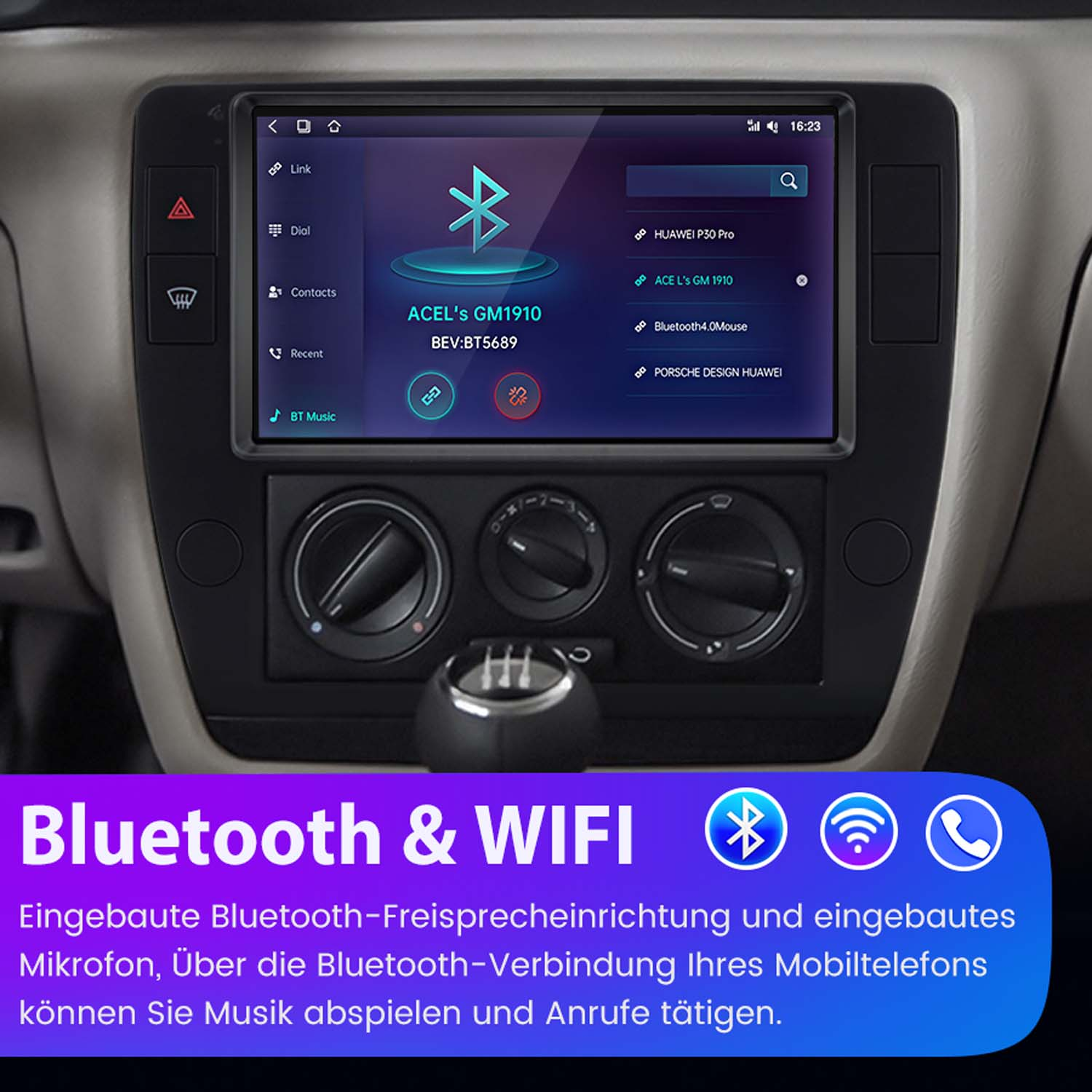 Autobarmaturenbrett mit Touchscreen-Infotainmentsystem, Bluetooth-Menü, Klimareglern und Schalthebel.