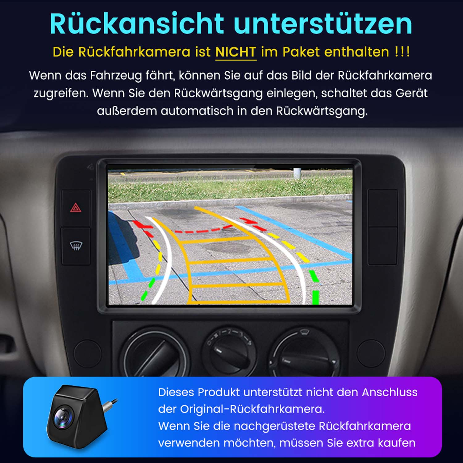 Autodisplay zeigt Rückfahrkameraansicht mit gelben Parklinien und Text in deutscher Sprache.