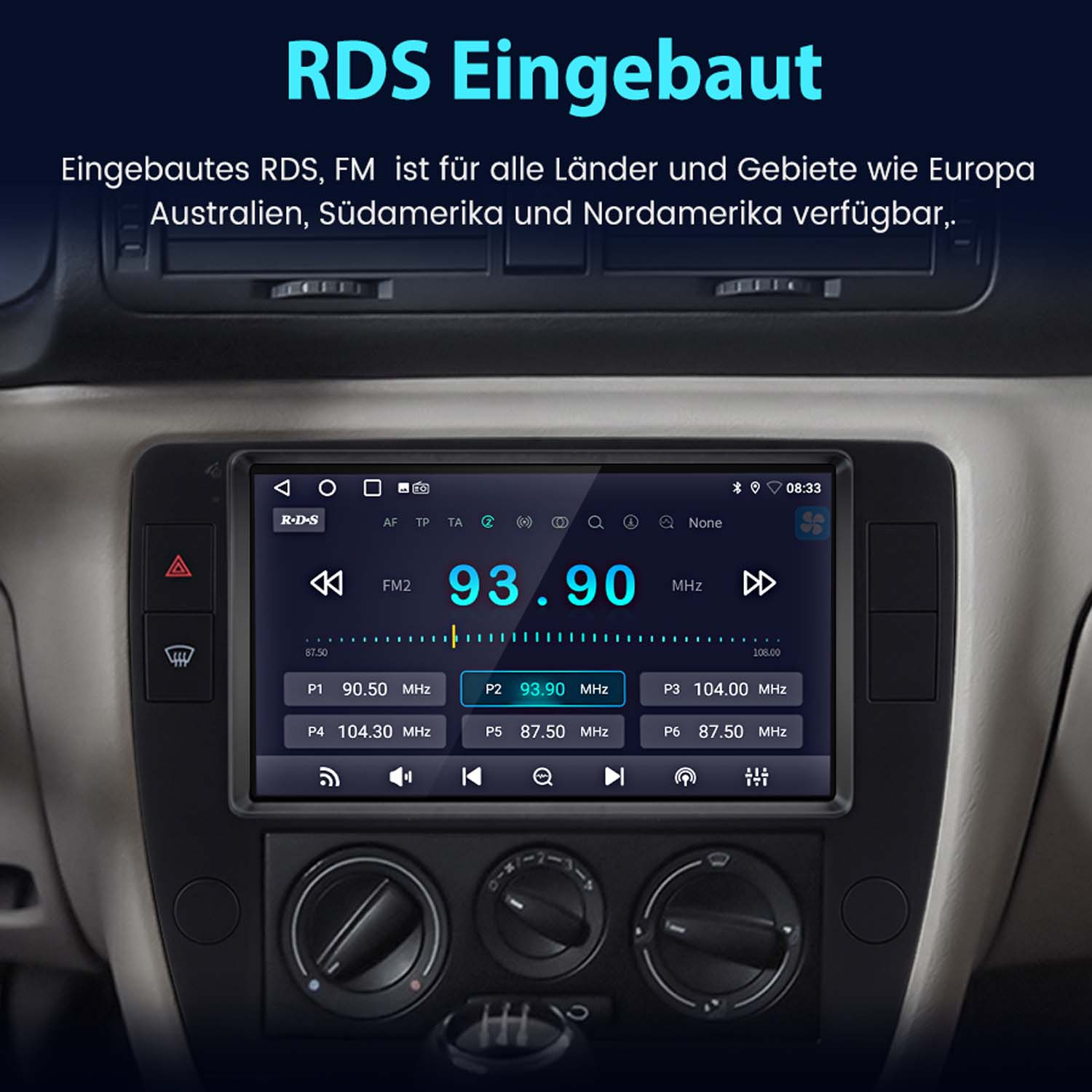 Ein Auto-Armaturenbrett mit digitalem Touchscreen-Radio, das die FM-Frequenz 93,90 MHz anzeigt, und Bedienelementen.