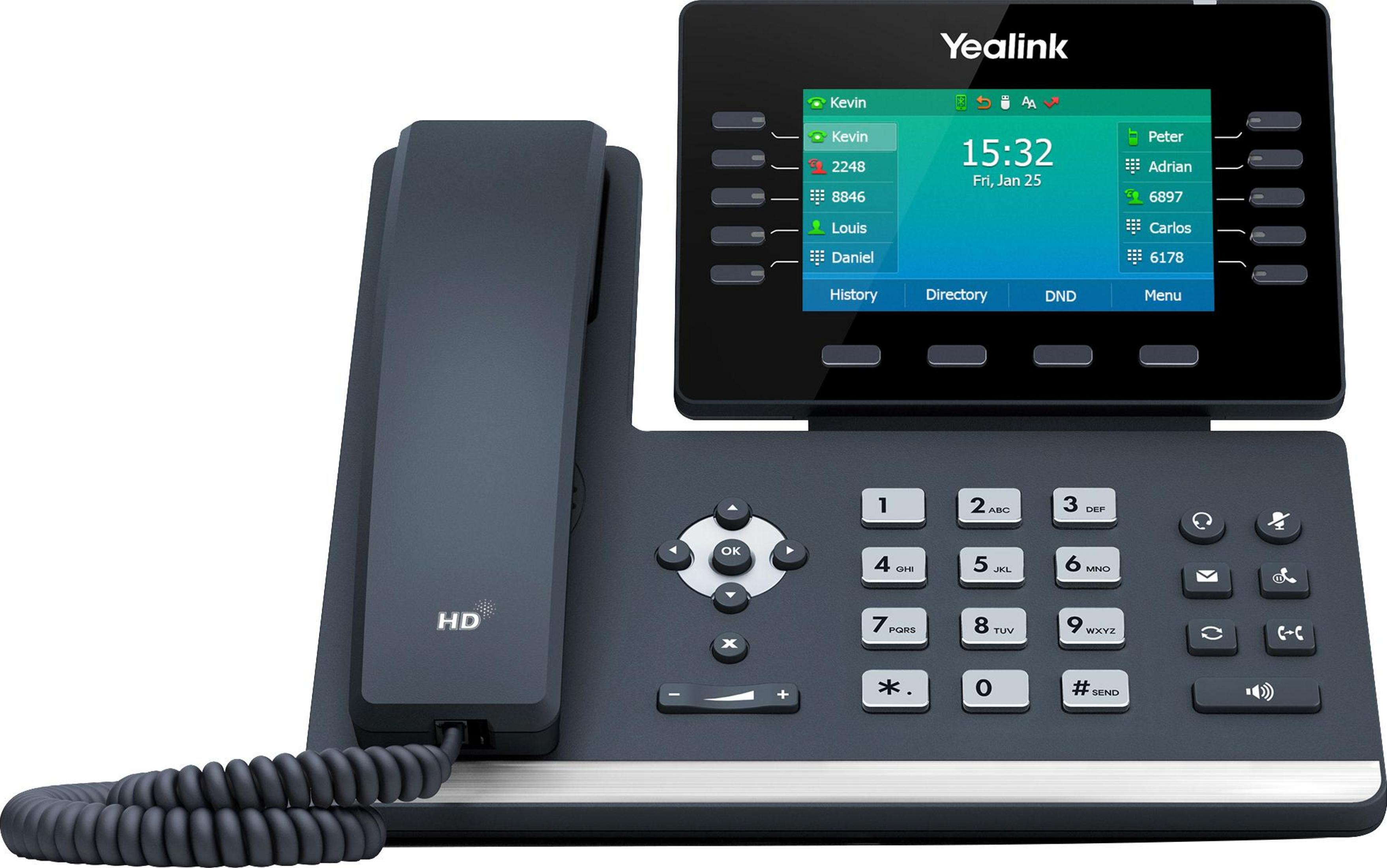Czarny telefon IP Yealink z kolorowym wyświetlaczem, słuchawką i klawiaturą numeryczną na białym tle.