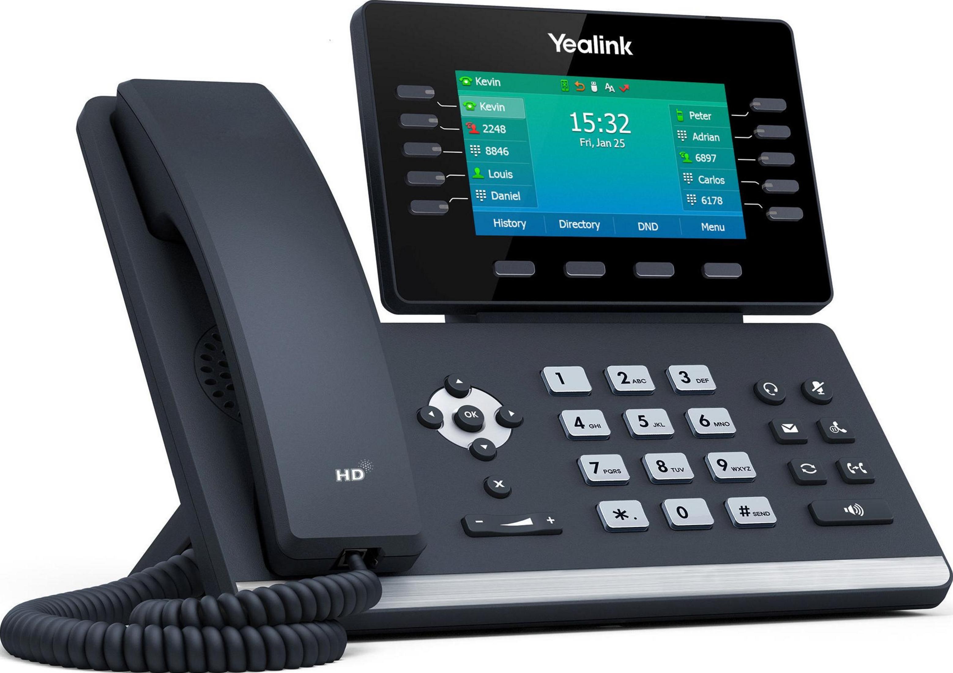Czarny telefon IP Yealink z dużym kolorowym wyświetlaczem, słuchawką HD i klawiaturą na białym tle.