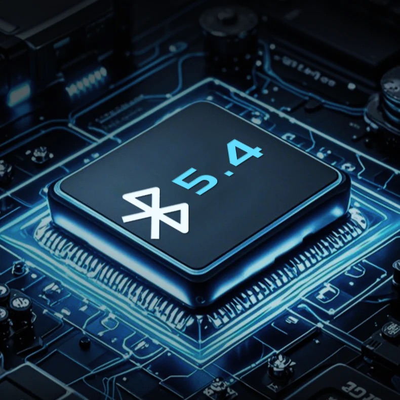Mikrochip na podświetlanej płytce drukowanej z białą ikoną Bluetooth i jasnoniebieskim napisem 5.4.