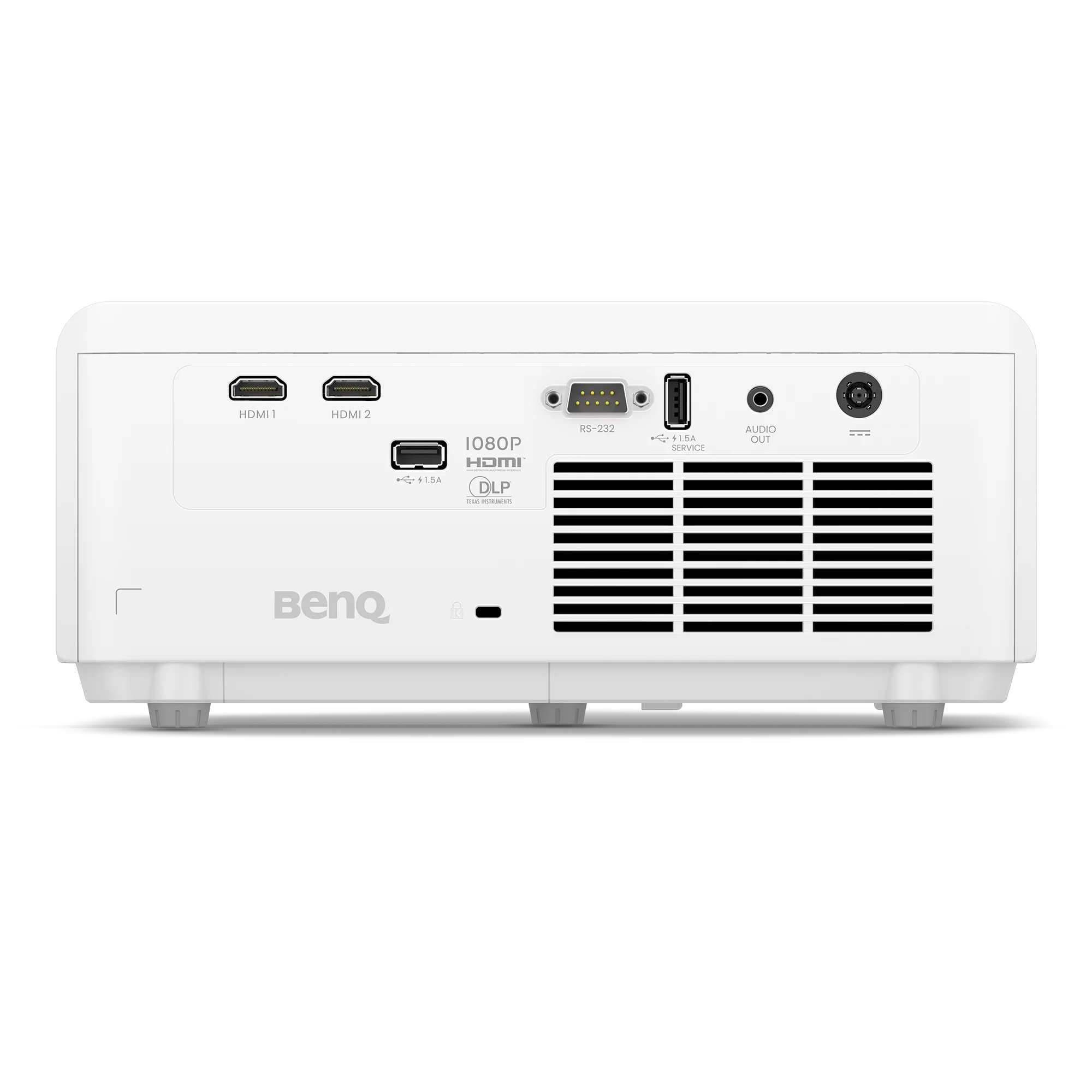 Rückansicht eines weißen BenQ-Projektors mit HDMI-, USB-, RS-232-Anschlüssen, Audioausgang und Lüftungsgitter.