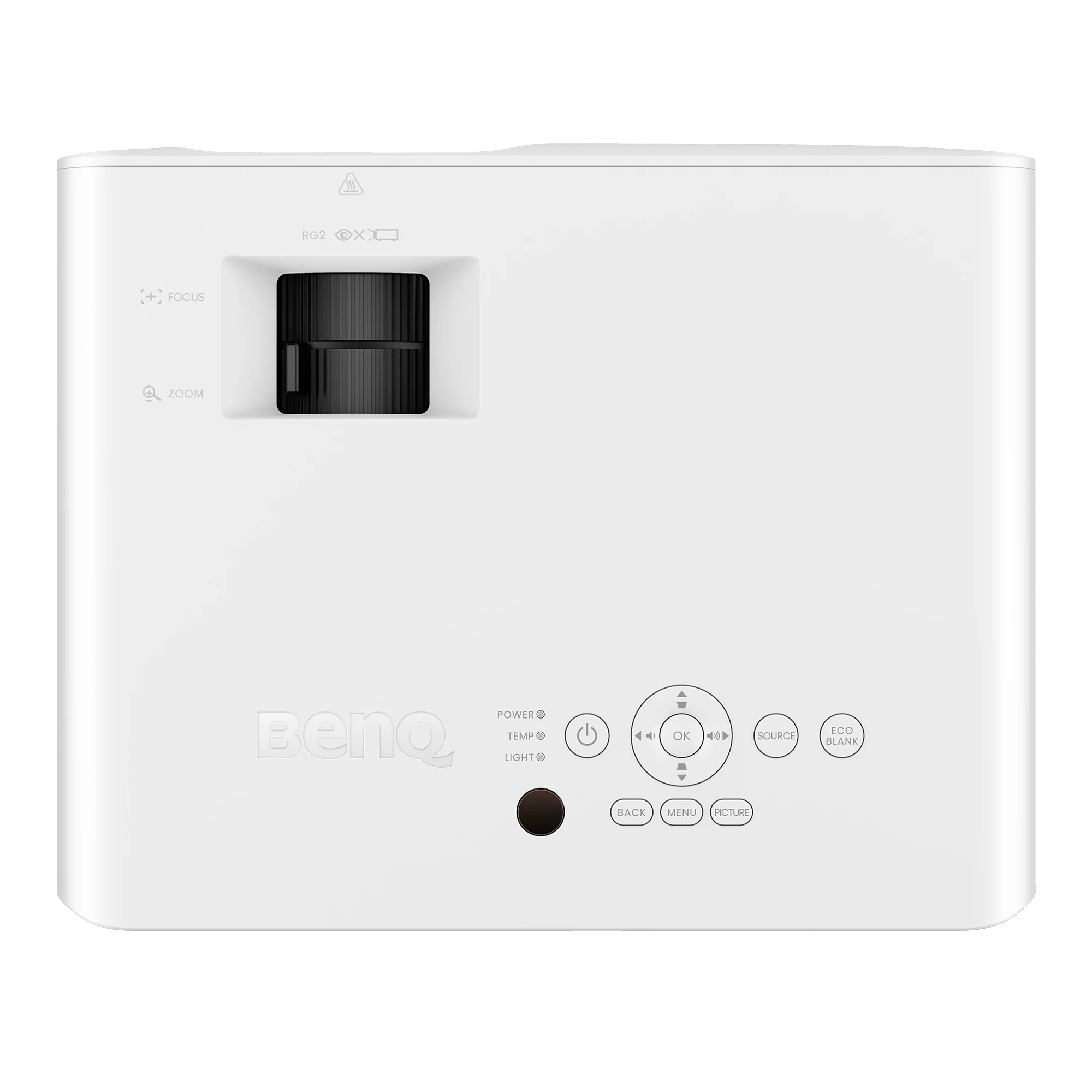 Weißer BenQ-Projektor mit Bedienelementen, Linse und Knöpfen auf der Oberseite.