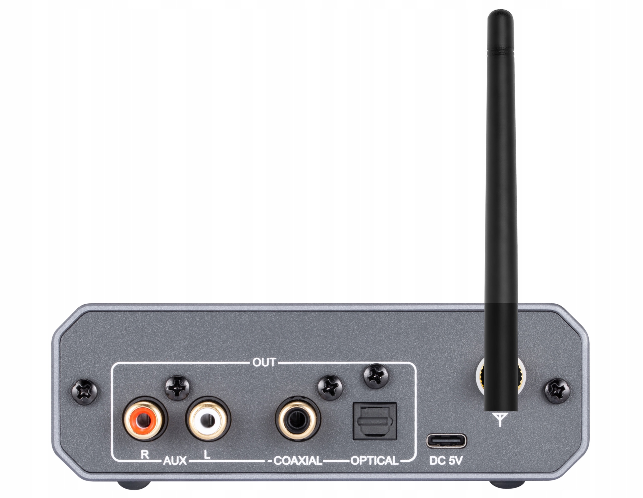 Szare urządzenie audio z anteną i portami Aux, Coaxial, Optical oraz DC 5V.