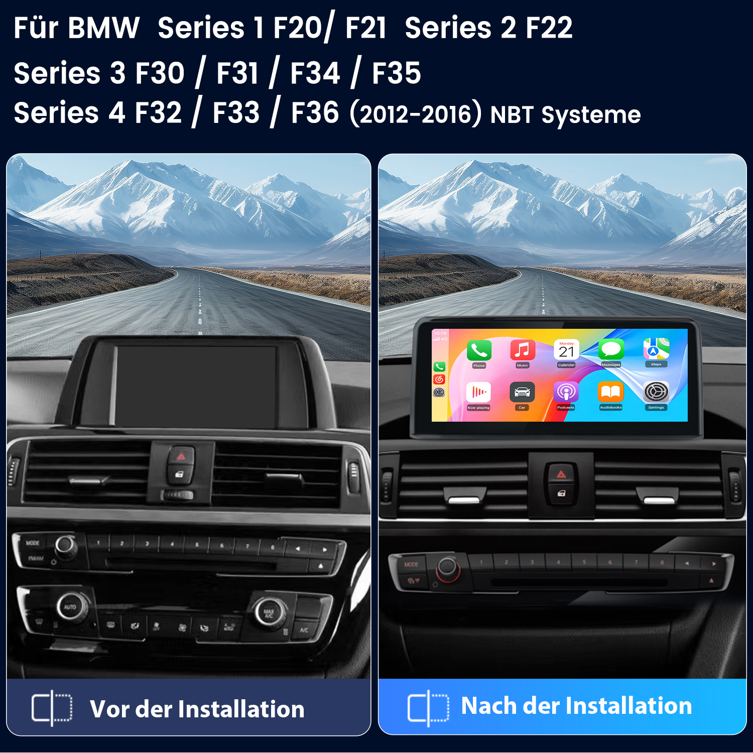 Vergleich eines BMW-Cockpits vor und nach der Installation eines modernen Touchscreen-Infotainmentsystems.