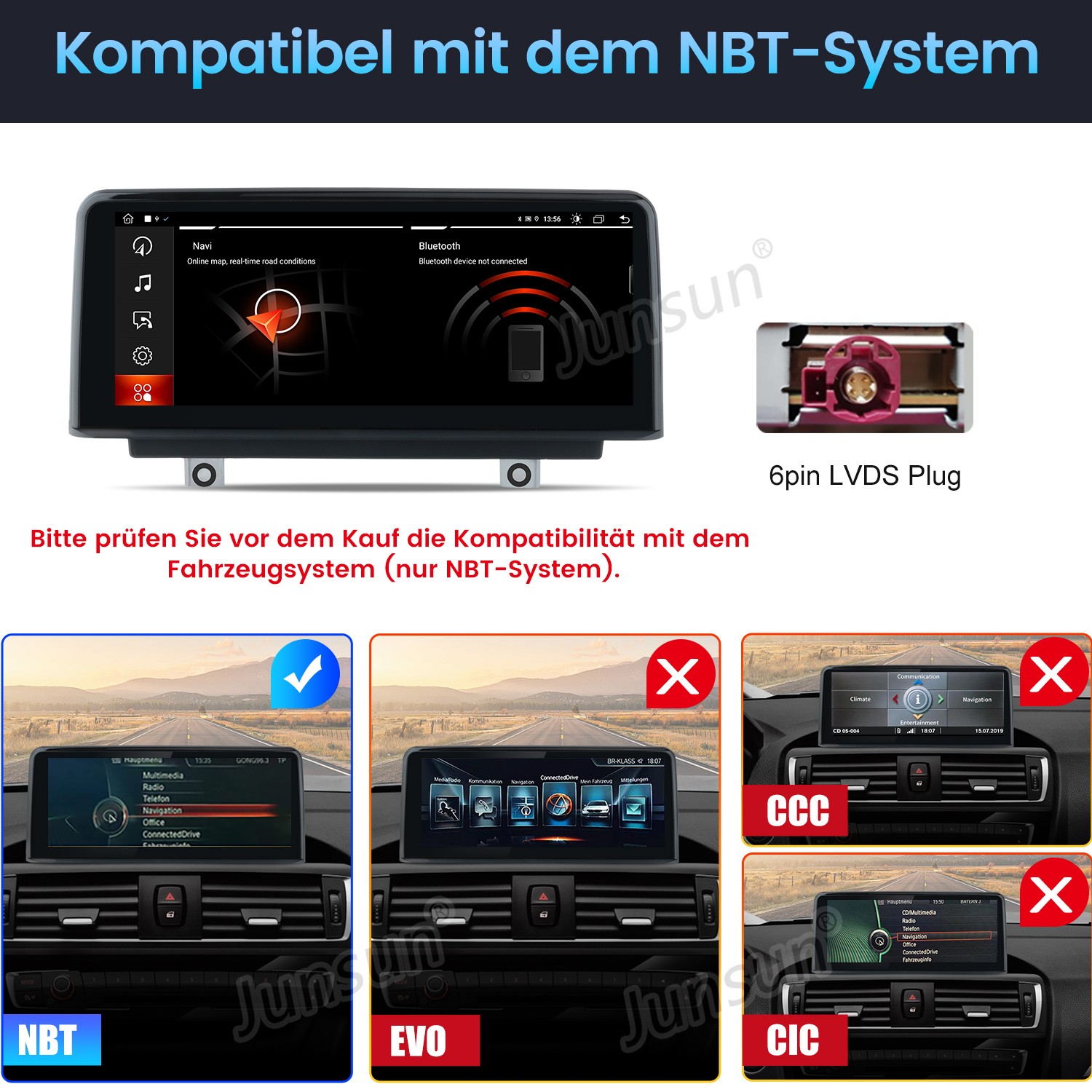 Auto-Navigationsbildschirm kompatibel mit NBT-System, mit Steckertyp und Vergleich verschiedener Systeme.