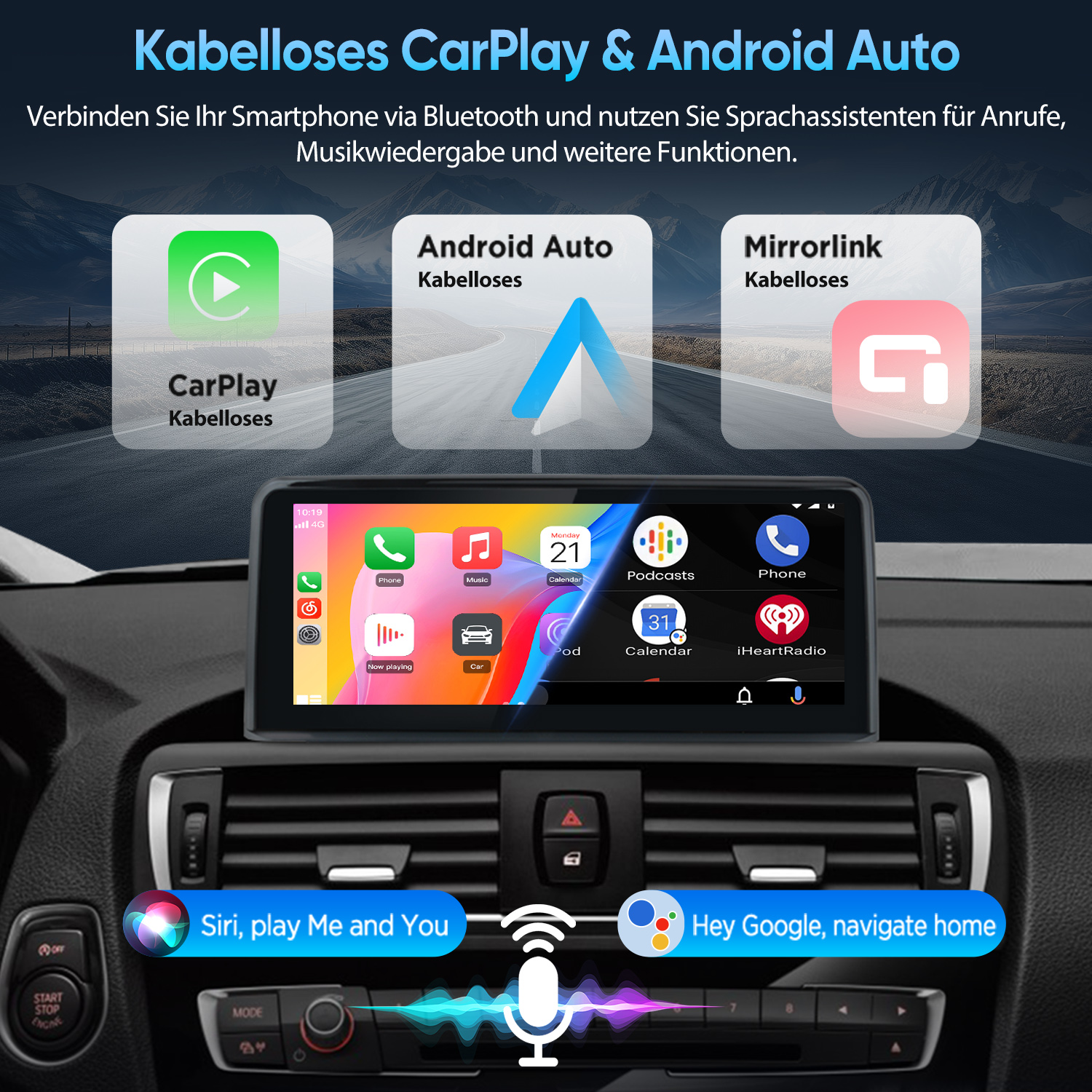Ein Auto-Infotainment-Bildschirm zeigt kabelloses CarPlay und Android Auto mit Sprachassistenten.