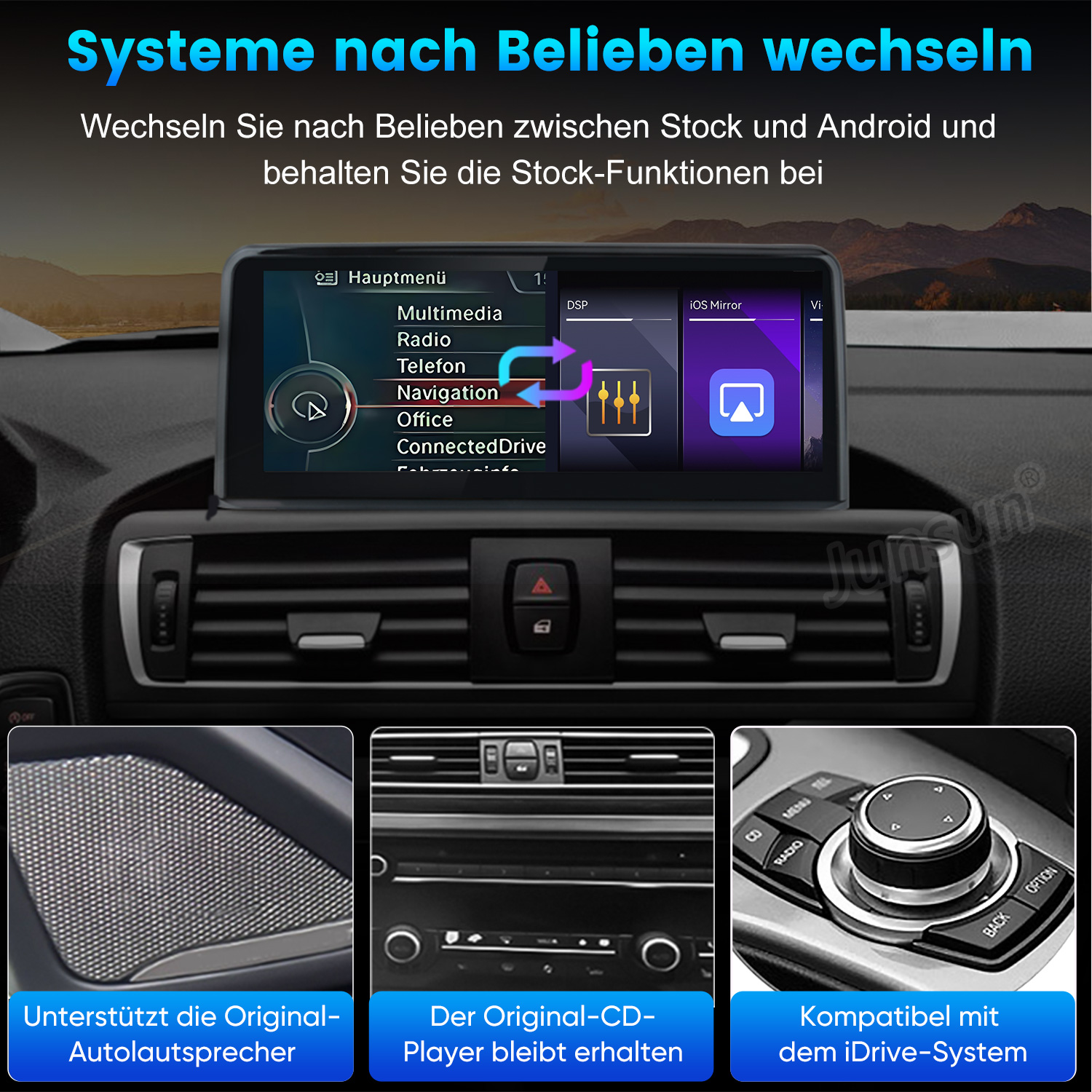 Ein Auto-Infotainment-System mit Bildschirm, Lüftungsschlitzen und iDrive-Steuerung.