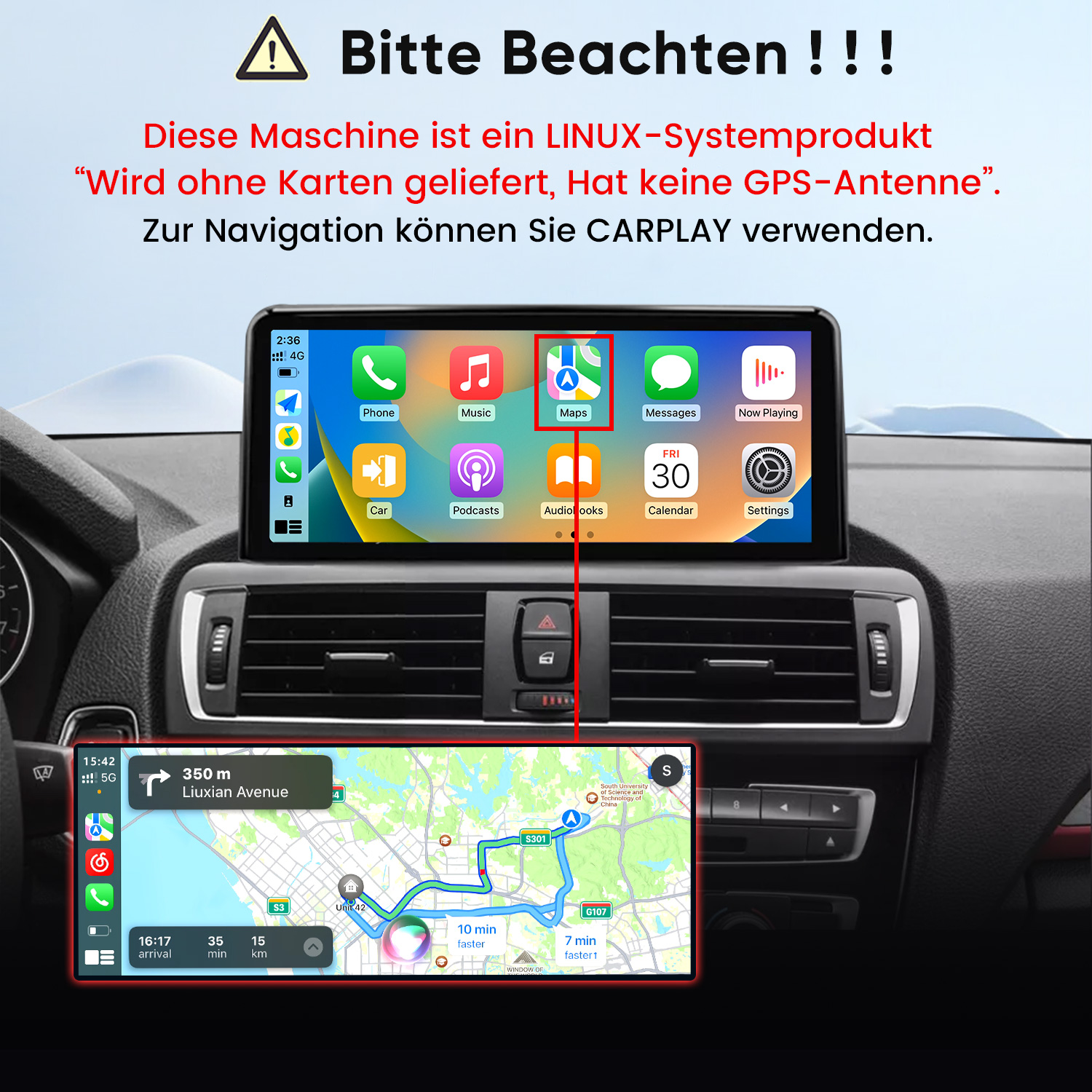 Ein Carplay-Display in einem Auto zeigt das Betriebssystem und eine Karten-App-Navigation.