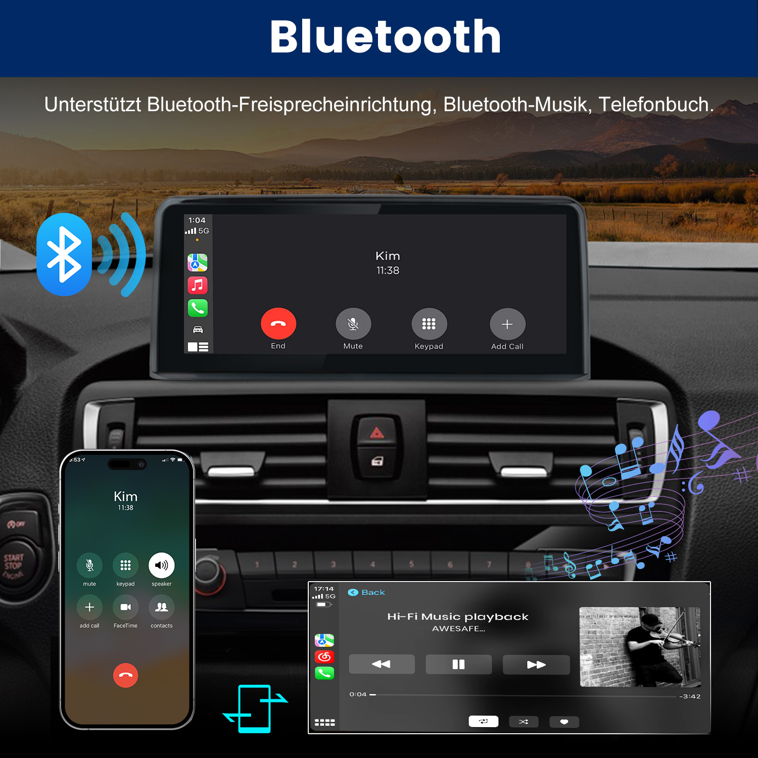 Autodisplay zeigt Bluetooth-Anruf, Smartphone und Musikwiedergabe.