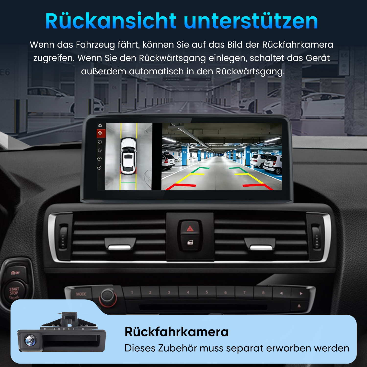 Autodisplay zeigt die Rückfahrkameraansicht mit Parklinien in einer Tiefgarage.
