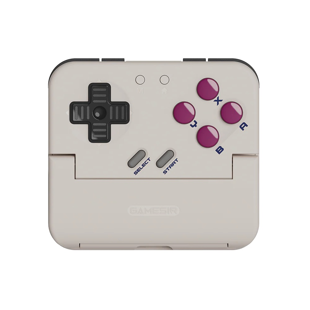 Beżowy kontroler retro GameSir z czarnym krzyżakiem, fioletowymi przyciskami akcji oraz przyciskami select i start.