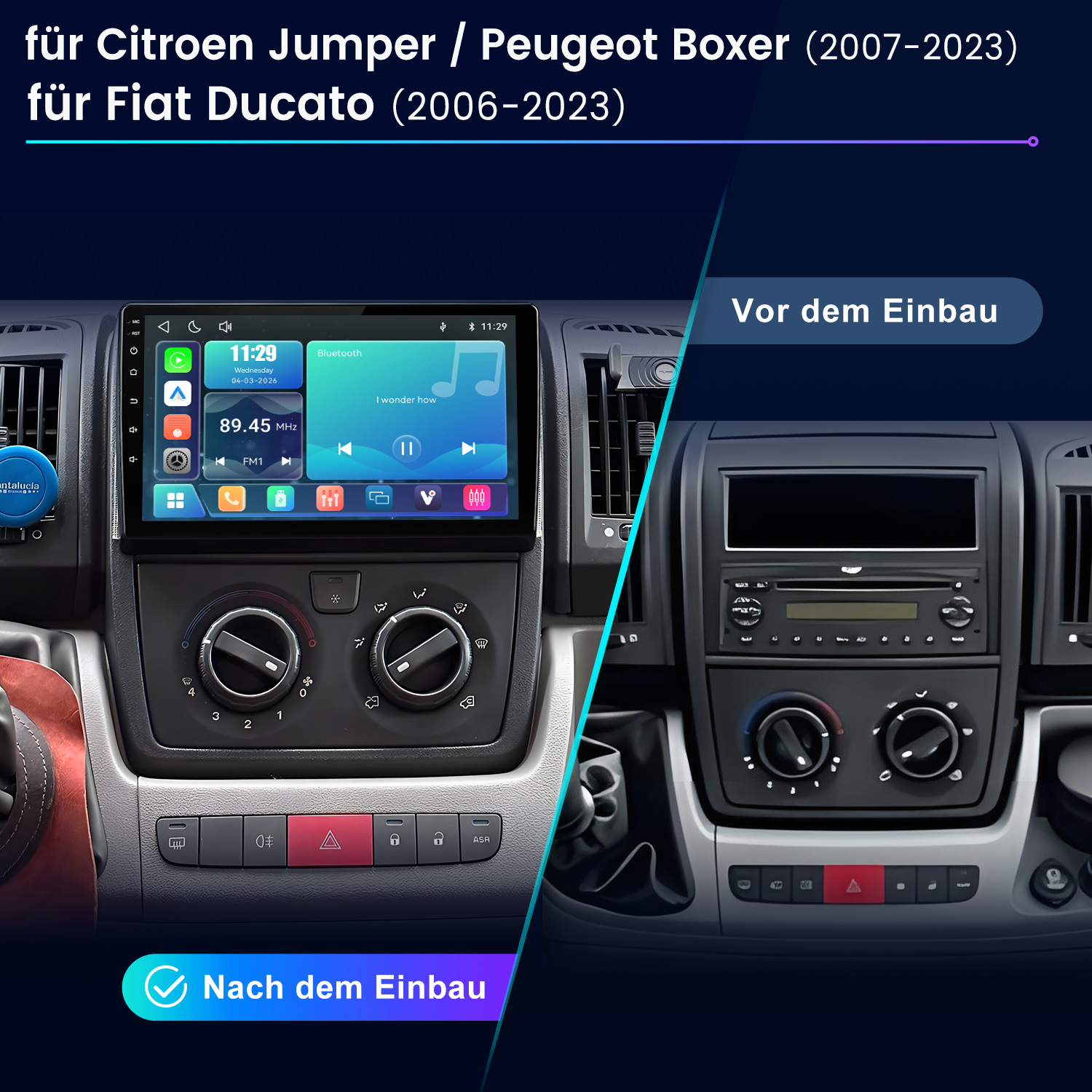 Vergleich vor und nach dem Einbau eines Multimedia-Radios in ein Fiat Ducato-Armaturenbrett.