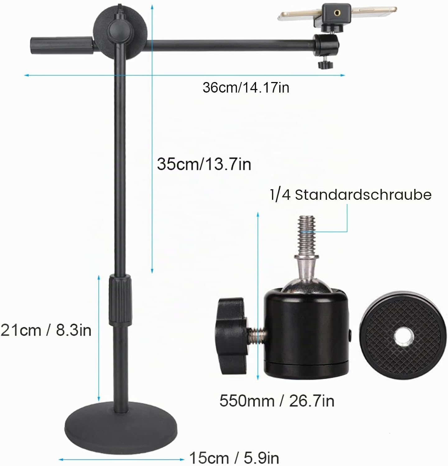 Diagramm eines schwarzen Tischstativs mit verstellbarem Arm, Kugelkopf und Maßangaben in cm und Zoll.
