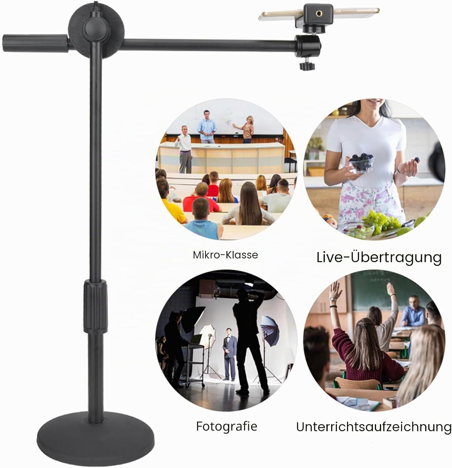 Schwarzer Mikrofonständer mit verstellbarem Ausleger und Smartphone-Halterung sowie Anwendungsbeispielen.