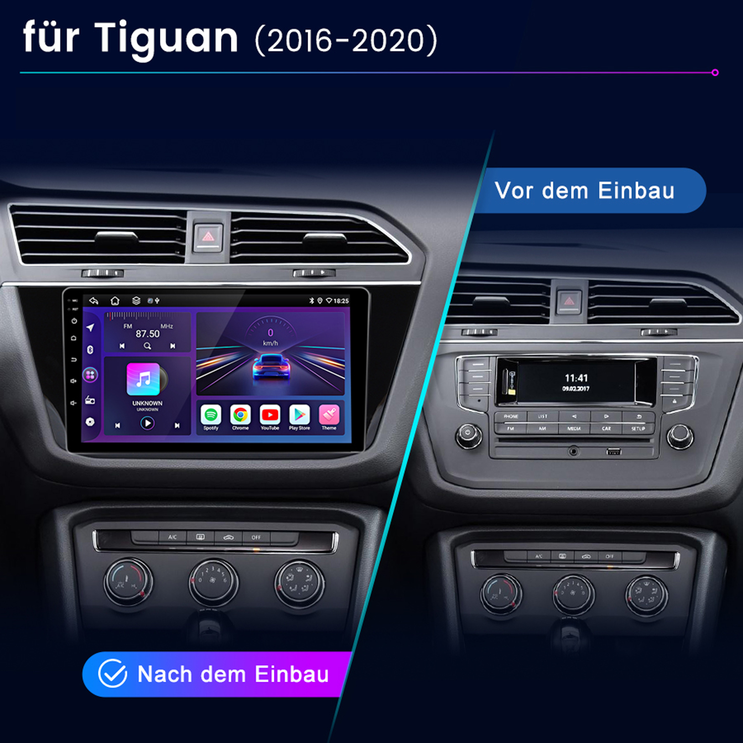 Vergleich eines Armaturenbretts vor und nach Einbau eines neuen Touchscreen-Infotainmentsystems in einem Tiguan.