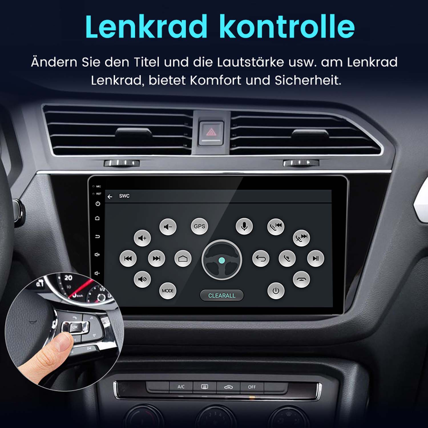 Autobildschirm mit Lenkradsteuerung und Fingereingabe auf Lenkradtasten.