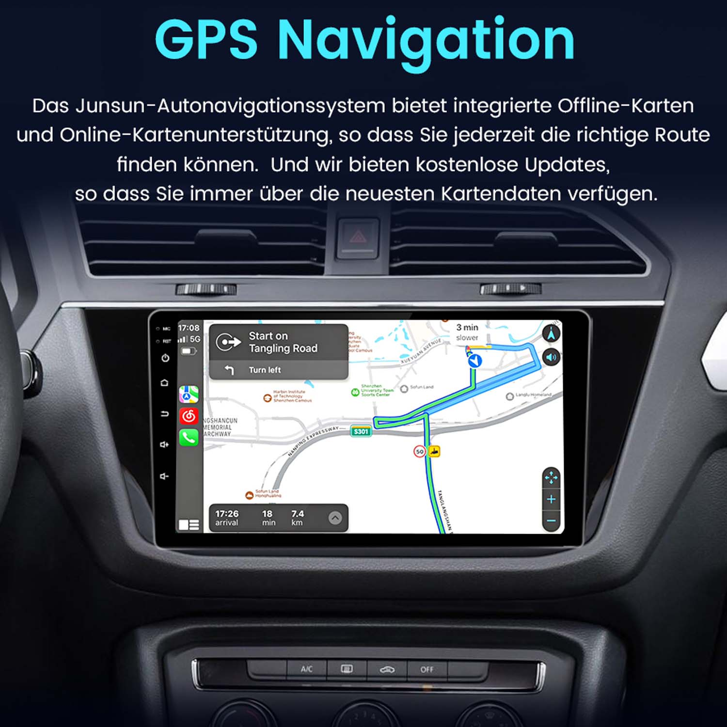 GPS-Navigationsbildschirm im Auto mit aktiver Routenführung und digitaler Karte.
