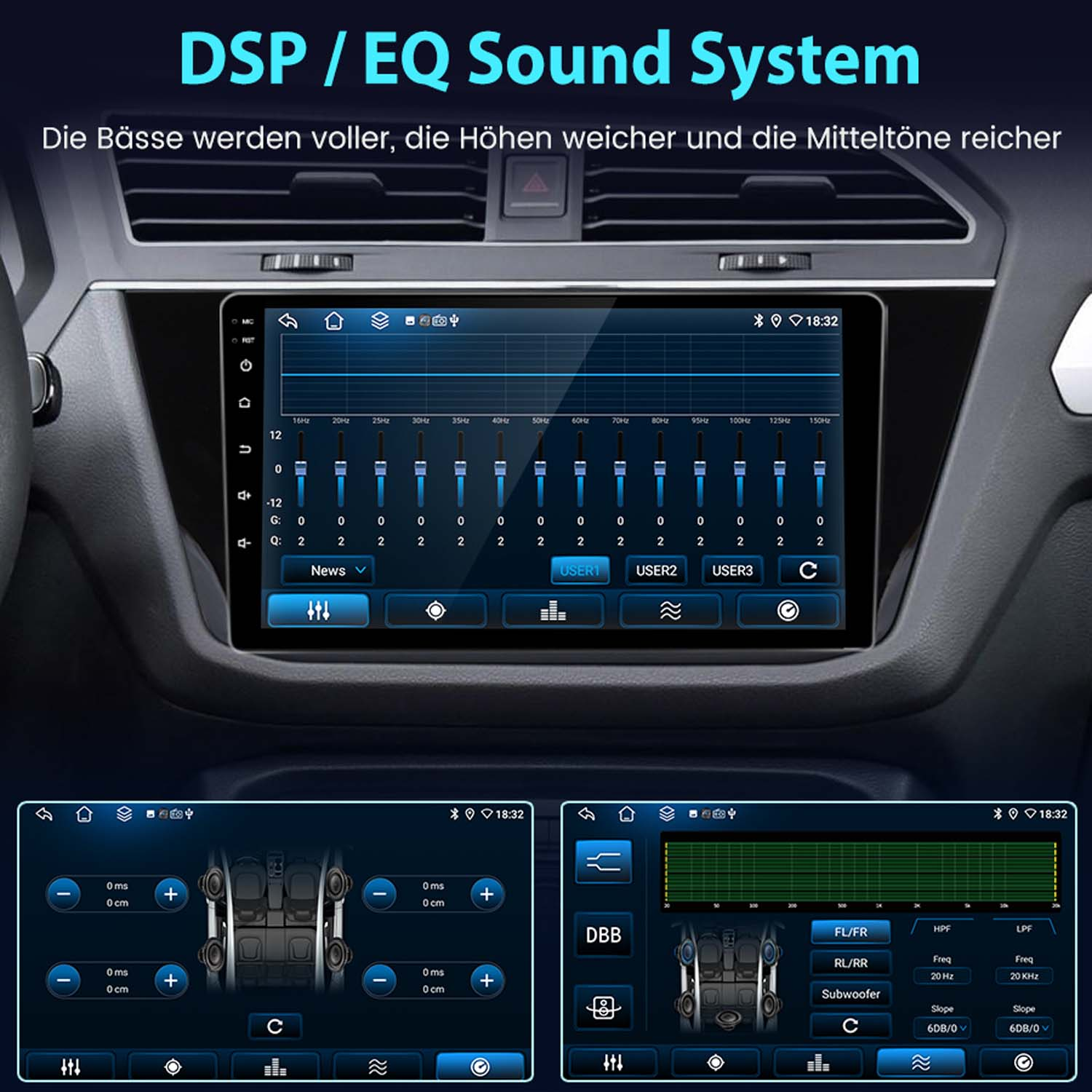 Autocockpit mit Digitalbildschirm für DSP- und EQ-Soundsteuerung, Equalizer-Reglern und Klangeinstellungen.