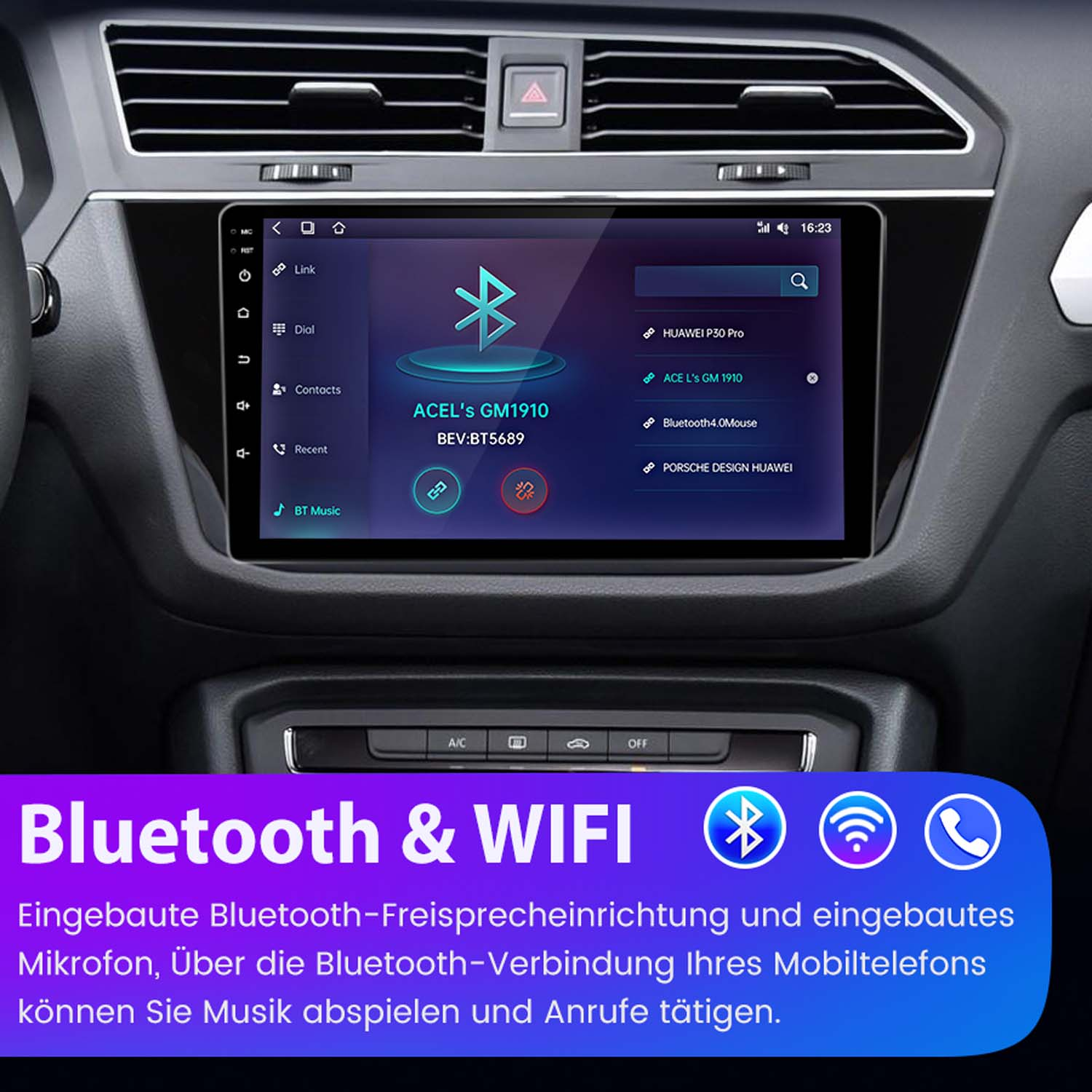 Autodisplay mit Bluetooth-Menü im Armaturenbrett.