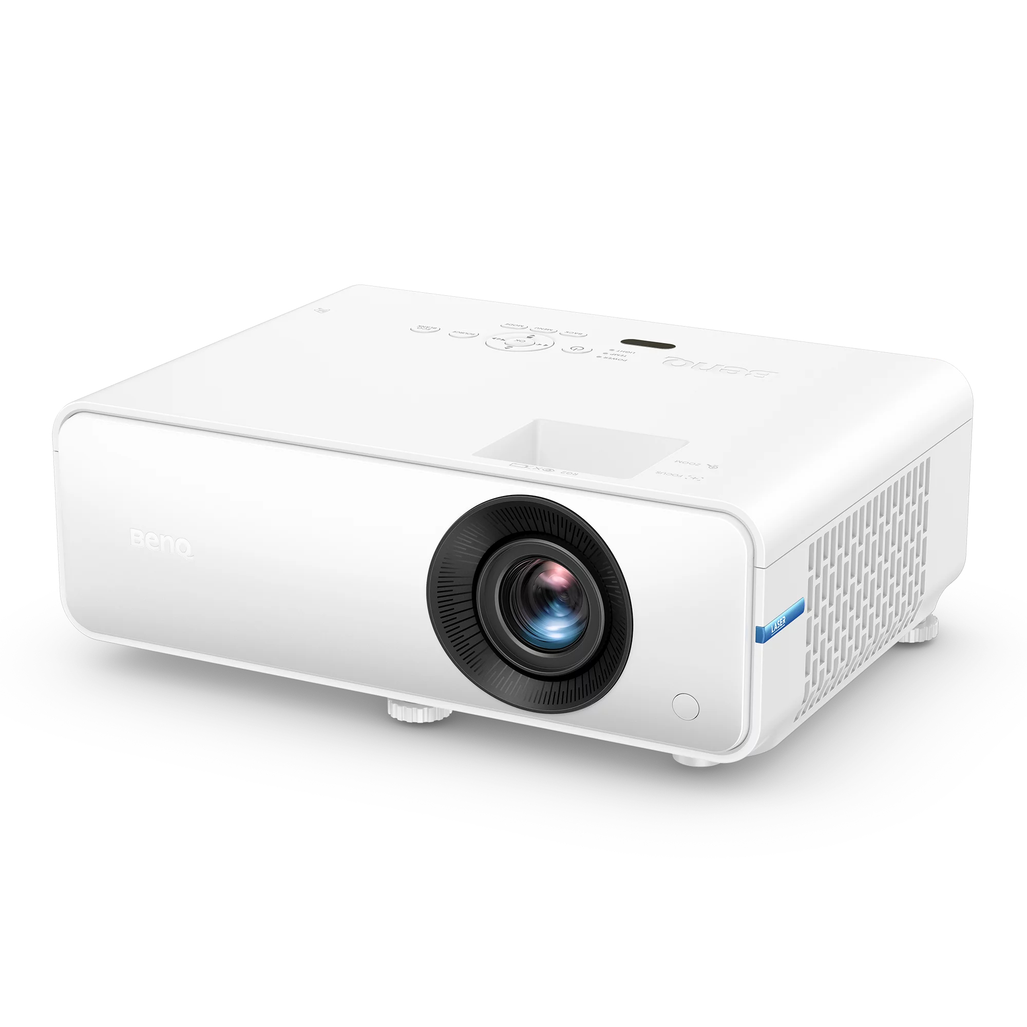 Ein weißer BenQ Laser-Projektor mit schwarzer Linse auf weißem Hintergrund.