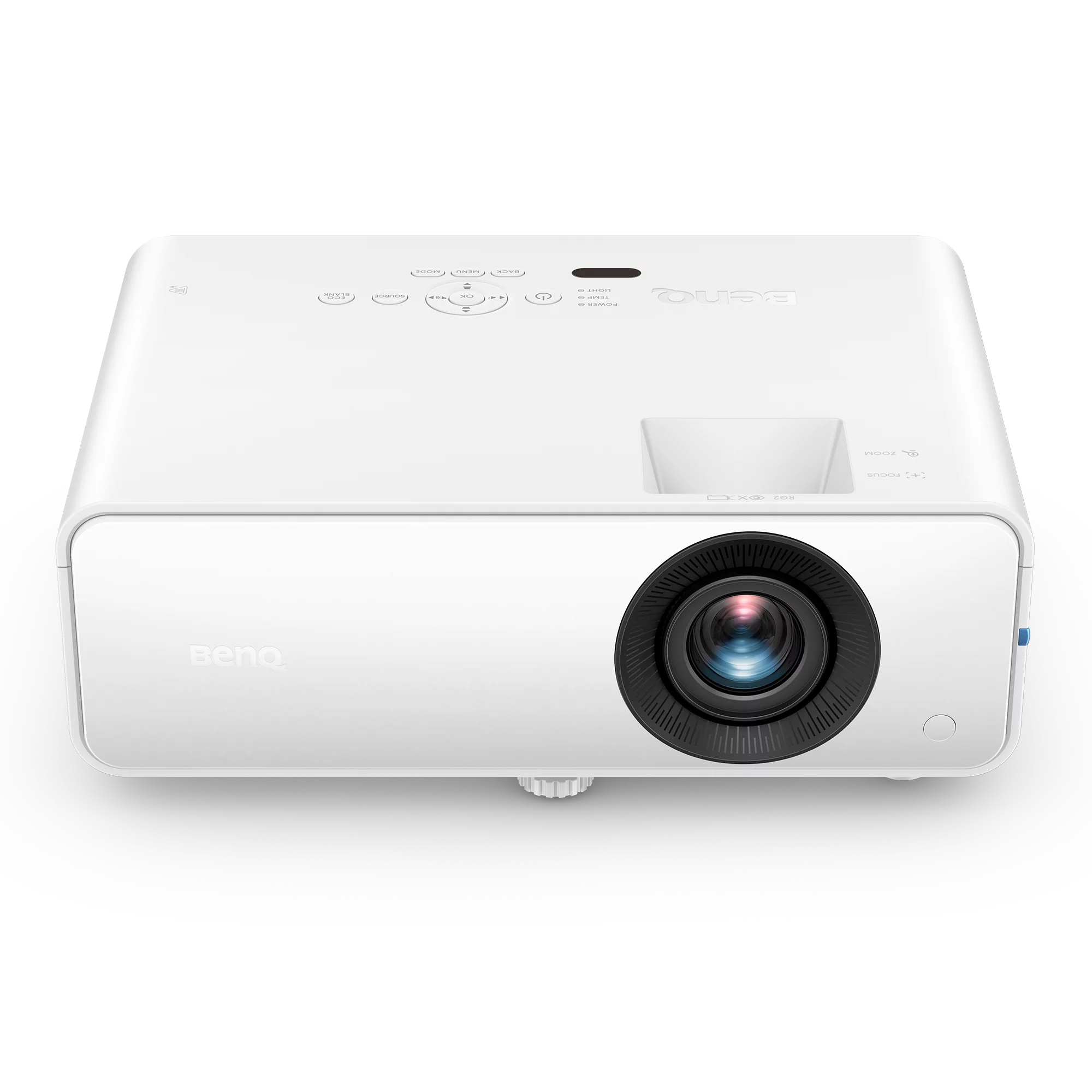 Ein weißer BenQ-Projektor mit schwarzem Objektiv und Bedienelementen auf der Oberseite.