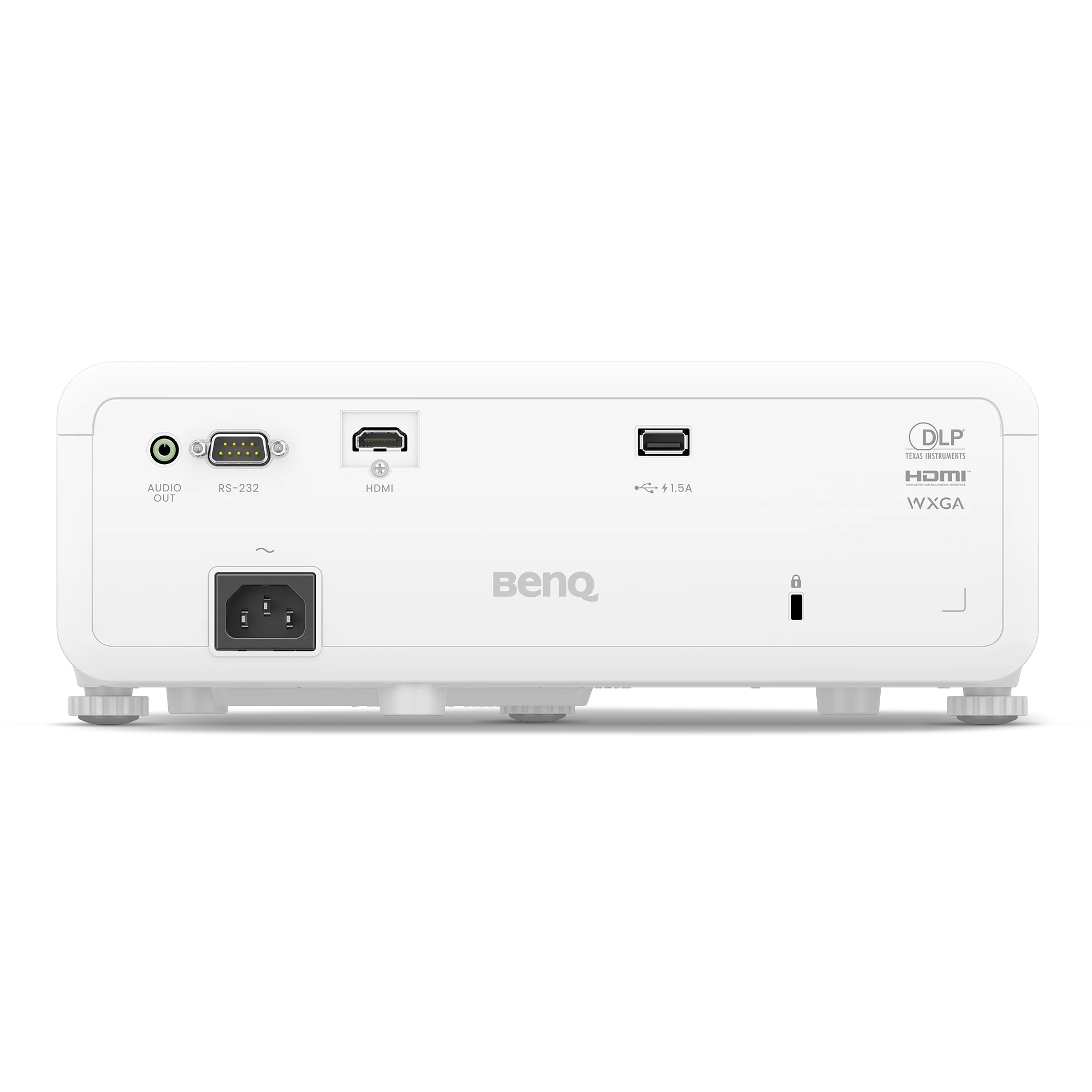 Rückseite eines weißen BenQ-Projektors mit Audio-Ausgang, RS-232, HDMI, USB- und Netzanschlüssen.