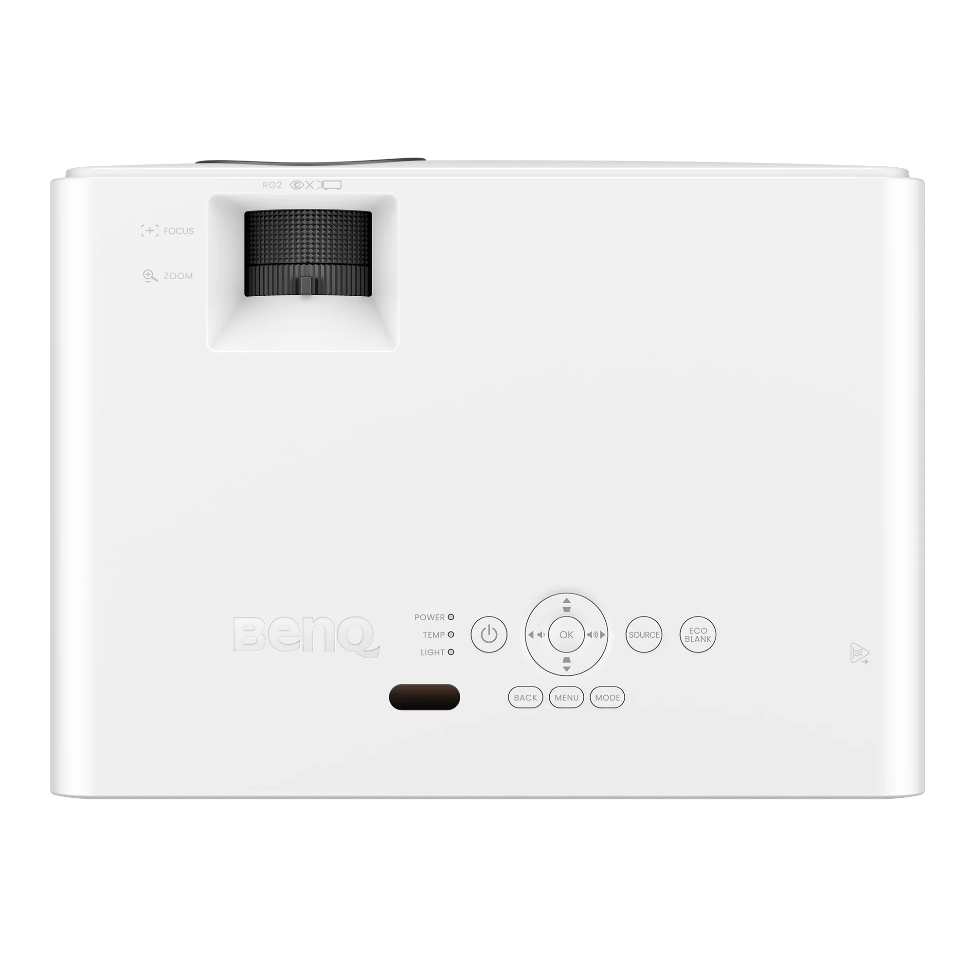 Eine Draufsicht auf einen weißen BenQ-Projektor, die das Objektiv, den Ein-/Ausschalter und die Navigation zeigt.