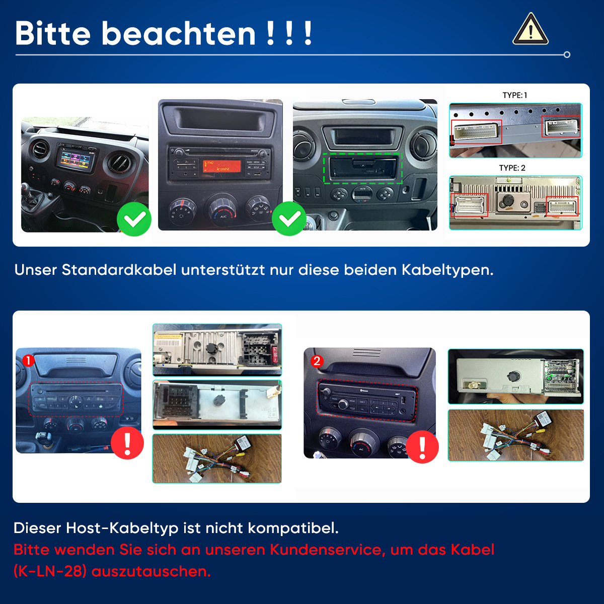Eine Anleitung, die kompatible und inkompatible Autoradio-Kabeltypen mit Fotos und Warnsymbolen vergleicht.