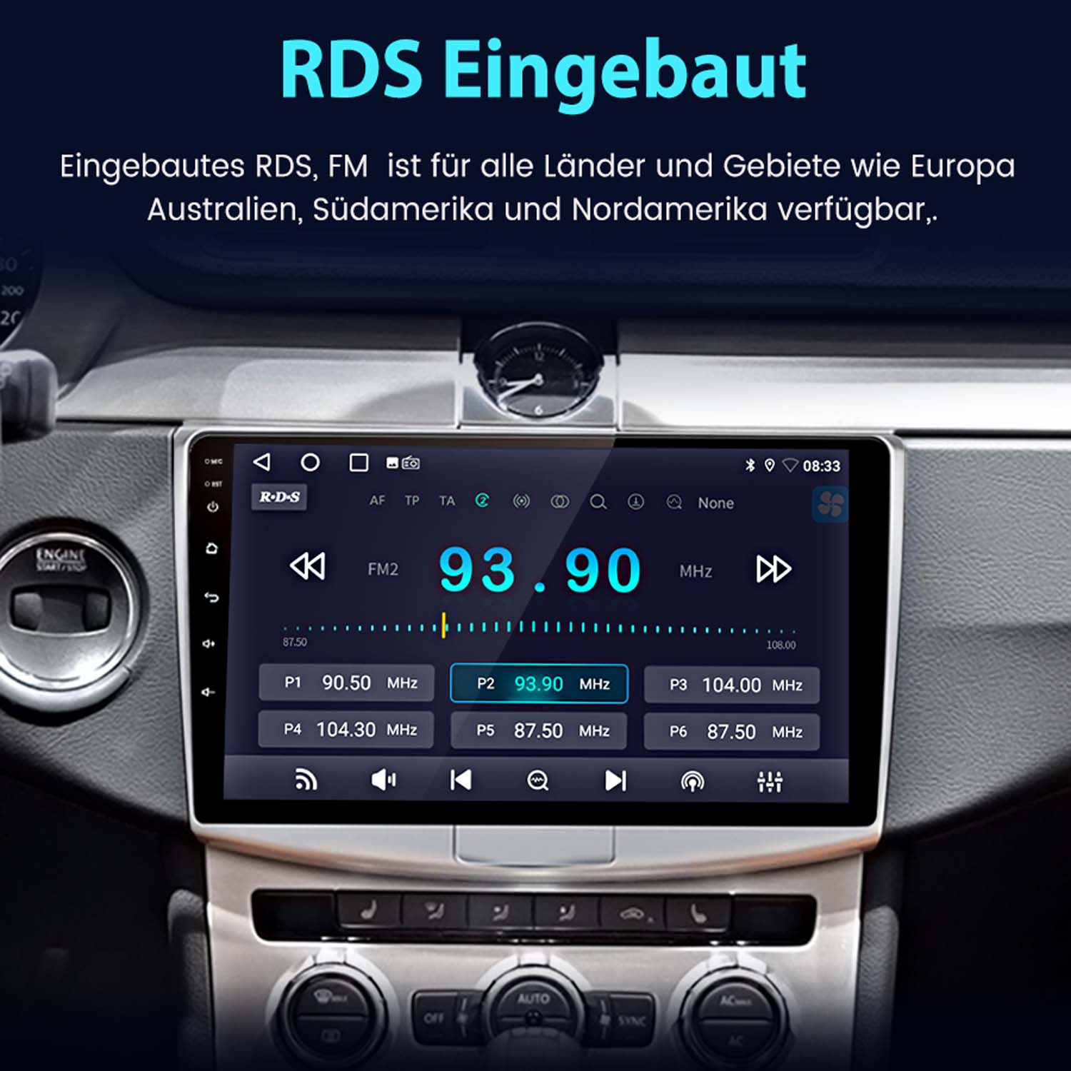 Autoradio mit großem Touchscreen, FM-Radioanzeige und integriertem RDS in einem Autocockpit.