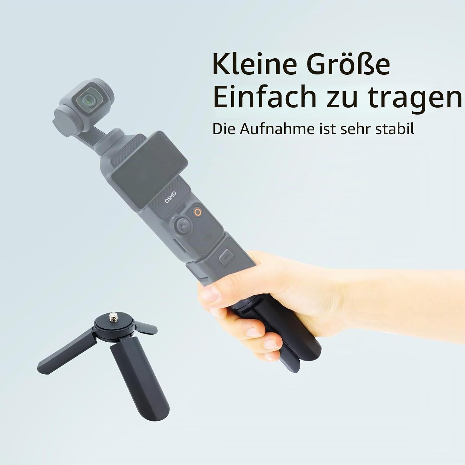 Hand hält Osmo-Kamera mit Stativ, deutscher Text.
