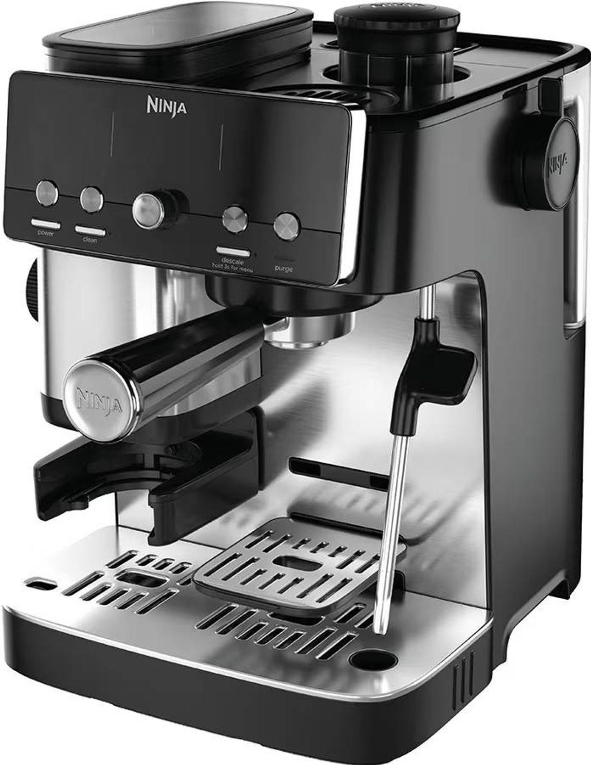 Una máquina de café espresso Ninja negra y plateada con botones, portafiltro y varilla de vapor.