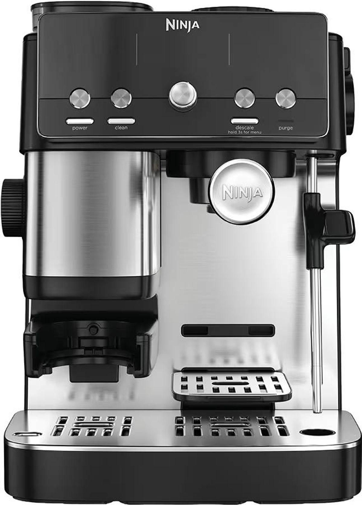Cafetera espresso Ninja moderna en negro y plateado con botones, recipiente de acero inoxidable y vaporizador.