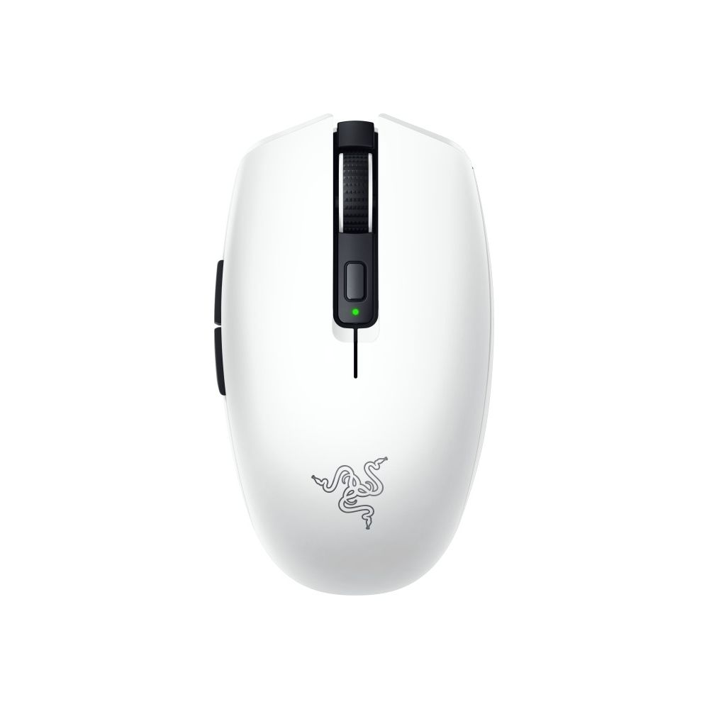 Un ratón de juego inalámbrico blanco con una rueda de desplazamiento negra y una pequeña luz LED verde.