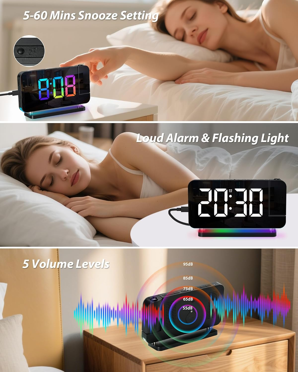 Ein digitaler Wecker mit buntem Display, Schlummerfunktion, lautem Alarm, Blinklicht und 5 Lautstärken.