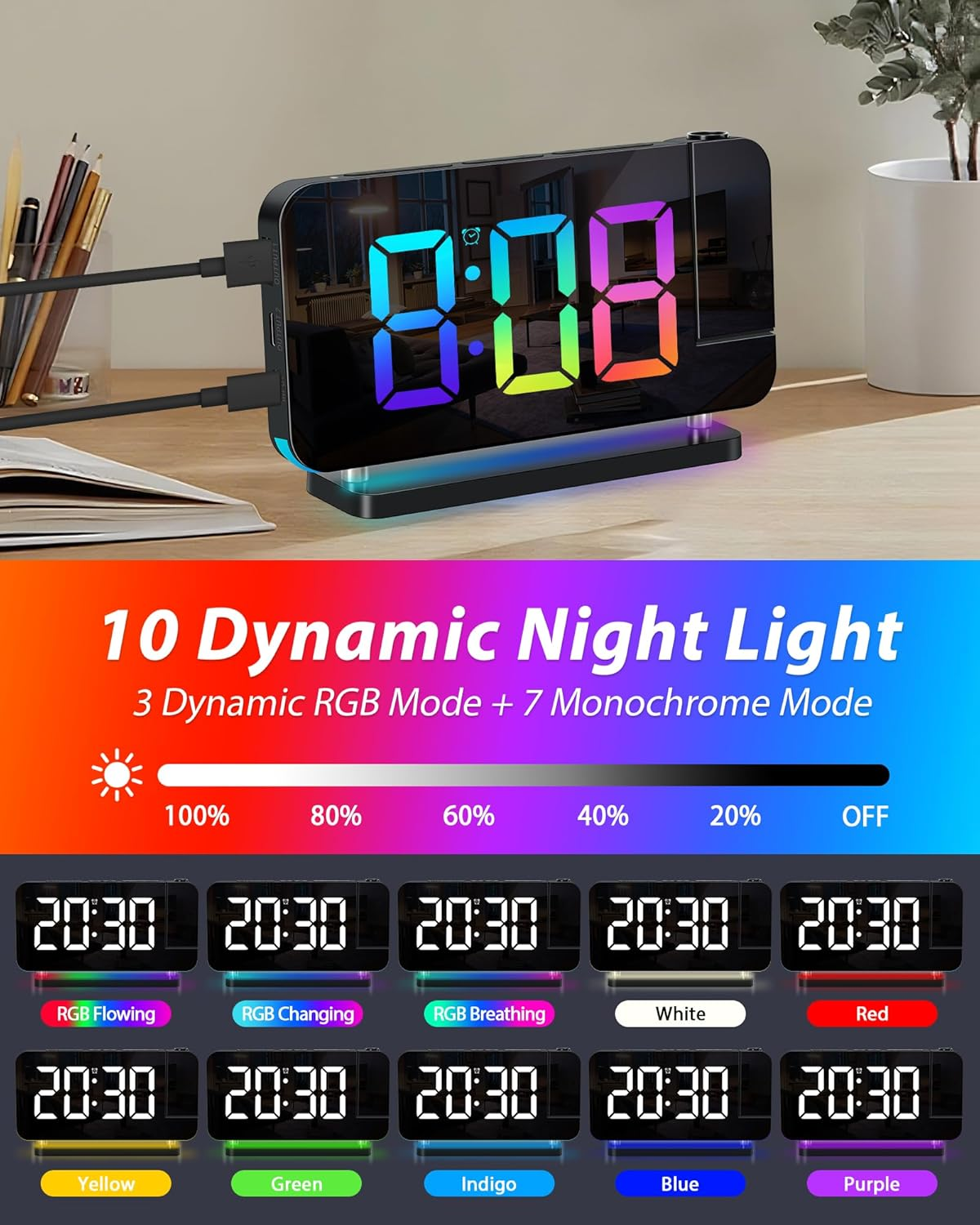 LED-Digitalwecker mit RGB-Nachtlicht und zehn verschiedenen Beleuchtungsmodi.