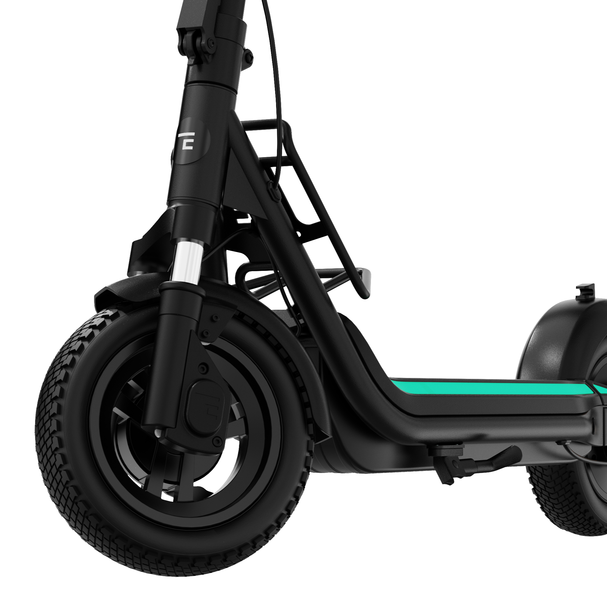 Ein schwarzer E-Scooter mit Vorderrad, Lenkstange und türkisfarbenem Trittbrett auf weißem Hintergrund.