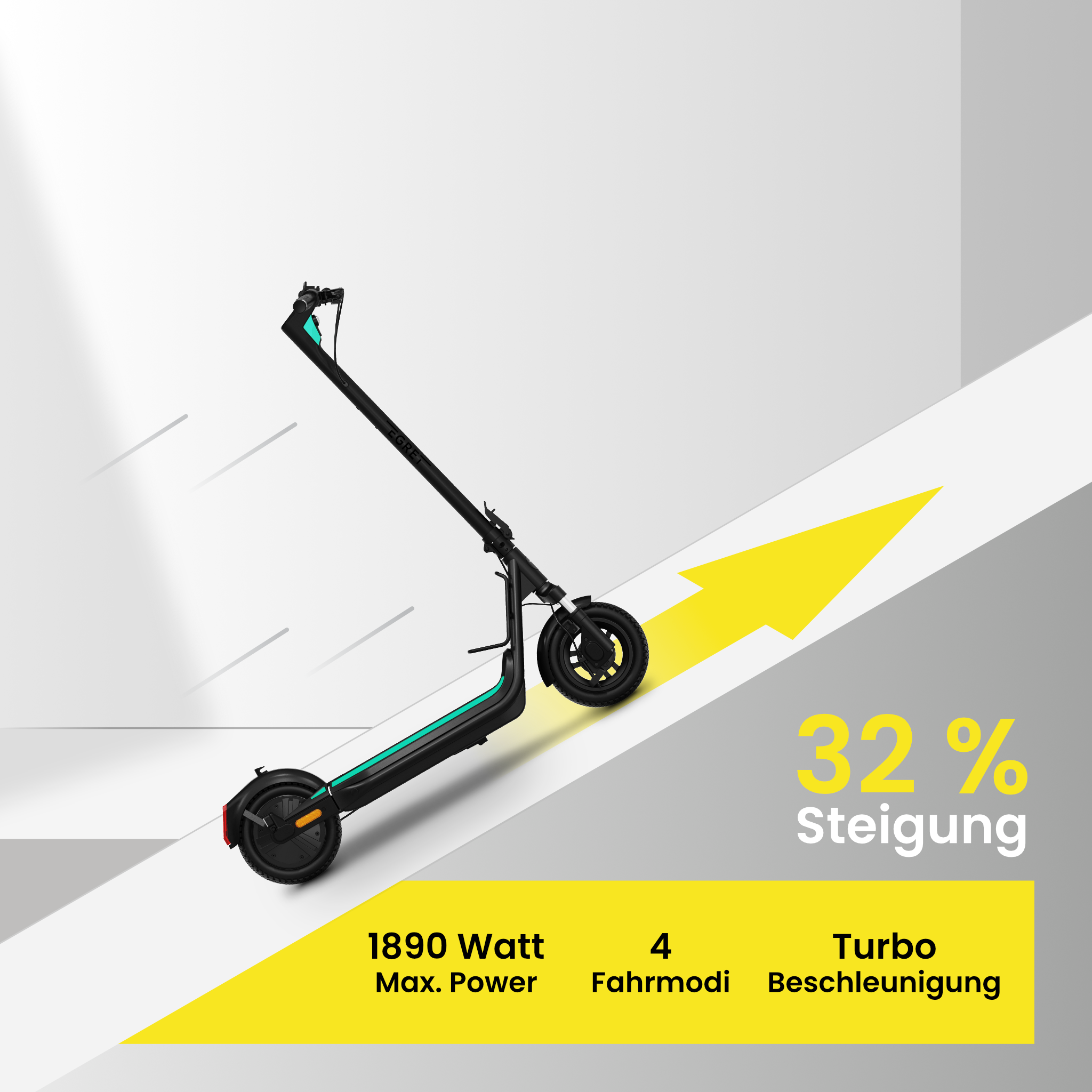 Ein schwarzer E-Scooter auf einer weißen Rampe mit gelbem Pfeil und Text 32 % Steigung sowie technischen Daten.