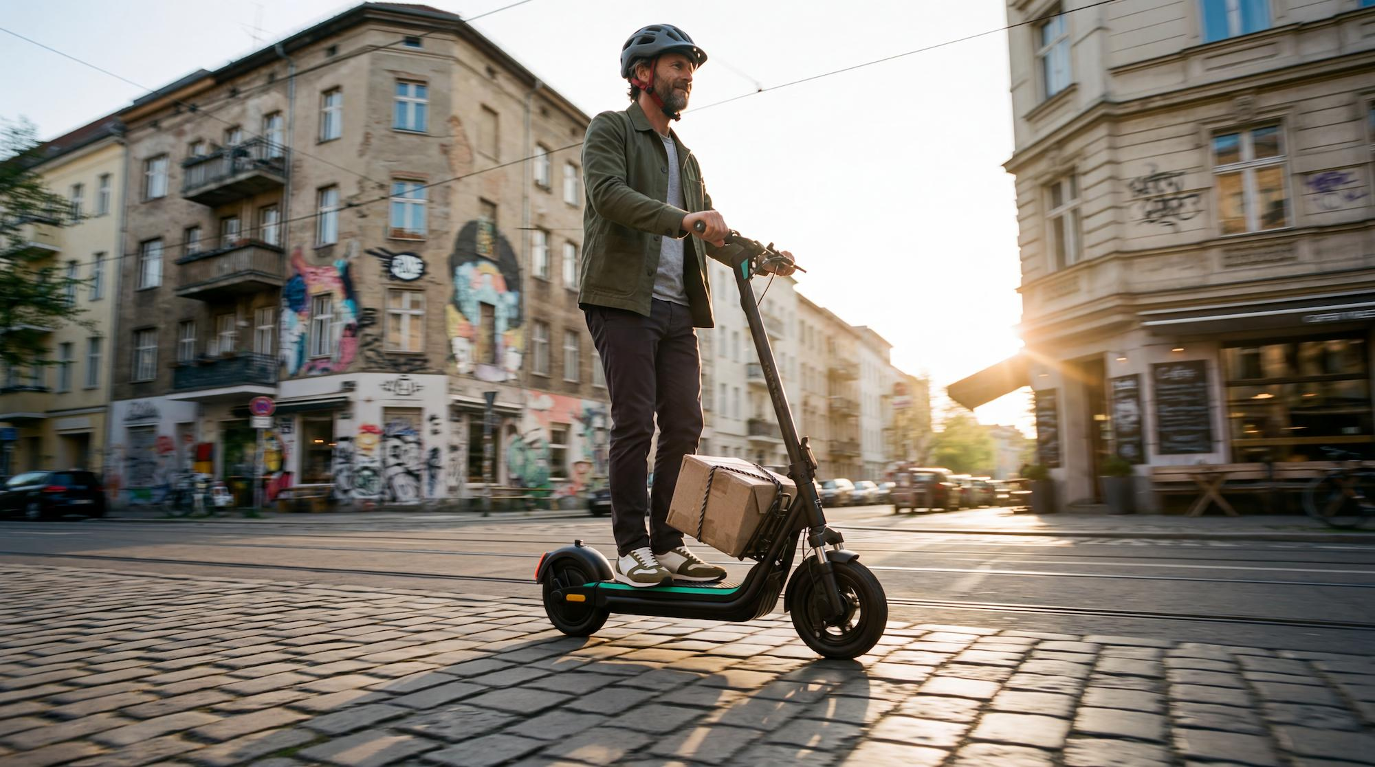 Ein Mann mit Helm fährt auf einem E-Scooter mit einem Paket durch eine europäische Altstadt.