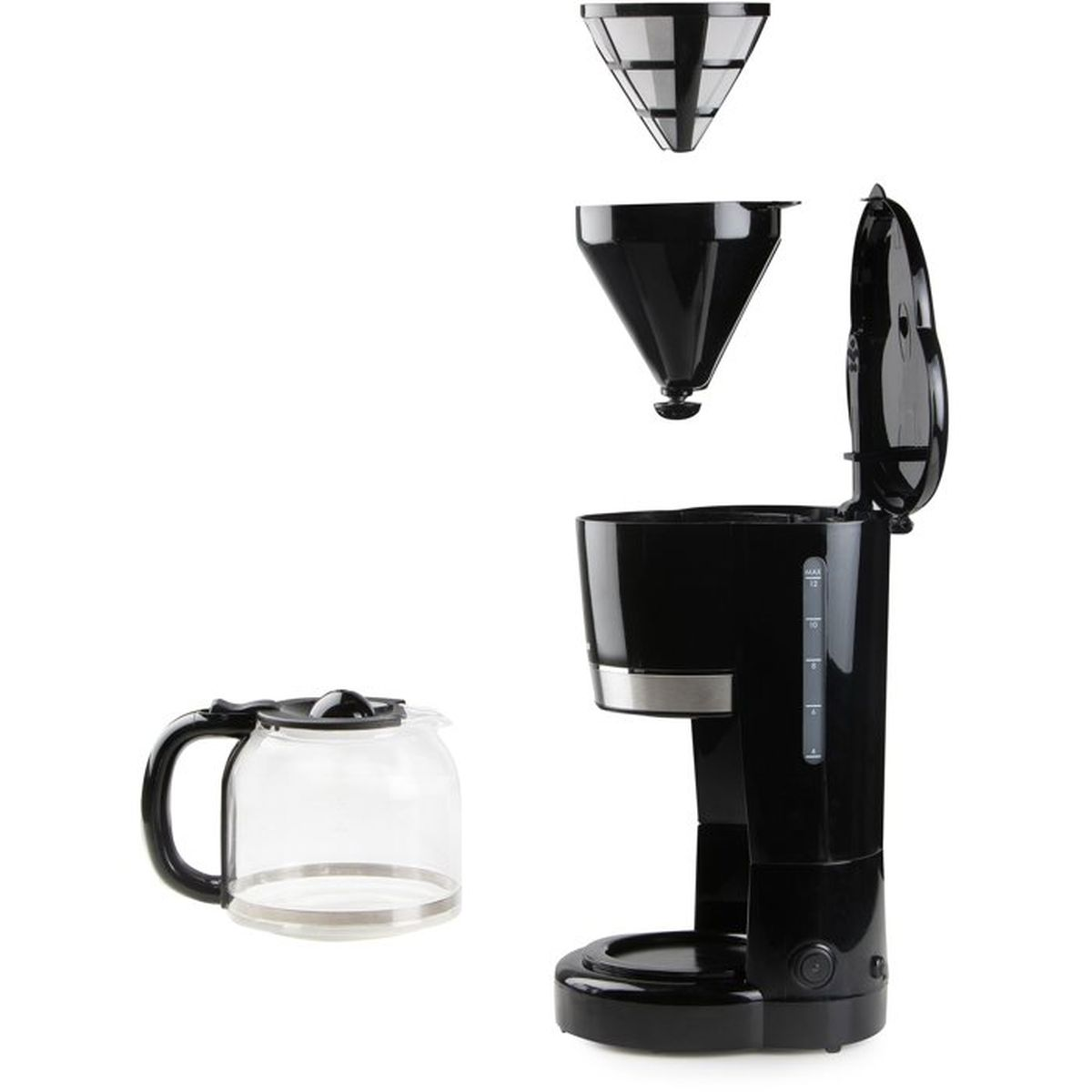 Eine schwarze Filterkaffeemaschine mit Glaskanne und darüber schwebenden Filterteilen.