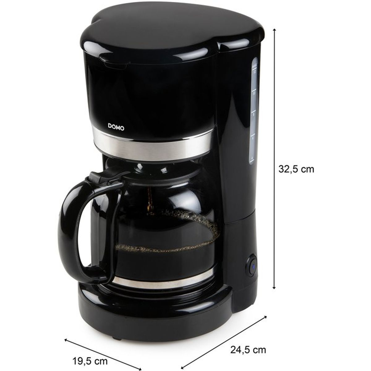 Schwarze DOMO-Kaffeemaschine mit Glaskanne und Maßangaben in Zentimetern auf weißem Hintergrund.