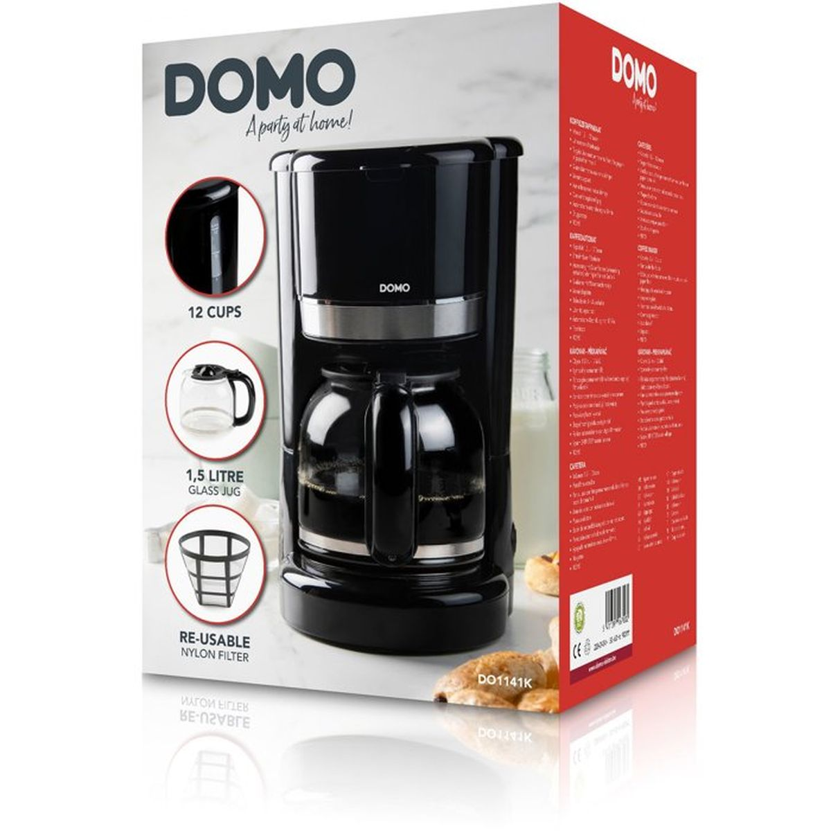 Verpackung einer schwarzen Domo-Filterkaffeemaschine mit Glaskanne und Merkmalen auf weißem Hintergrund.