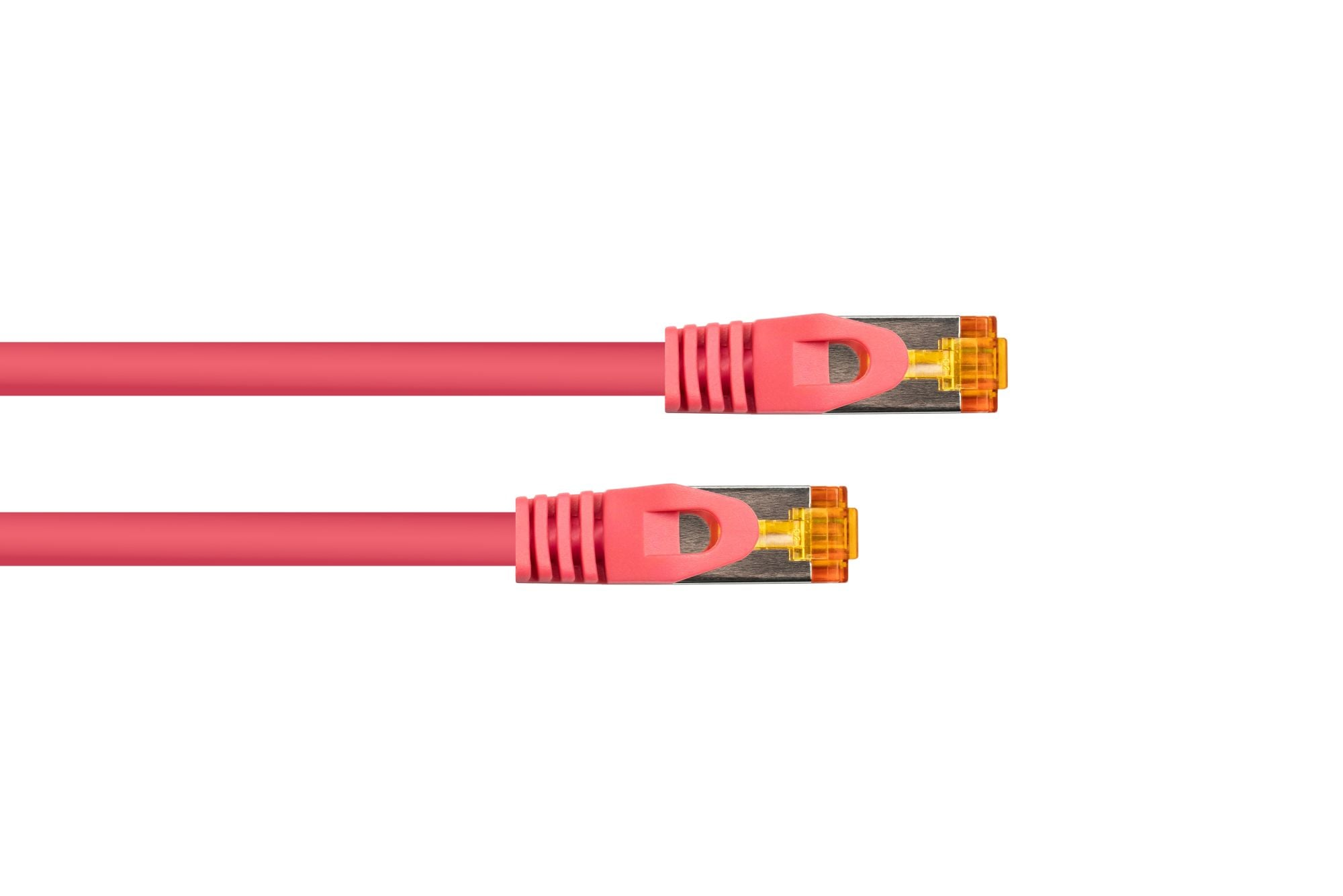 Zwei rosa Ethernet-Patchkabel mit vergoldeten RJ45-Steckern vor weißem Hintergrund.