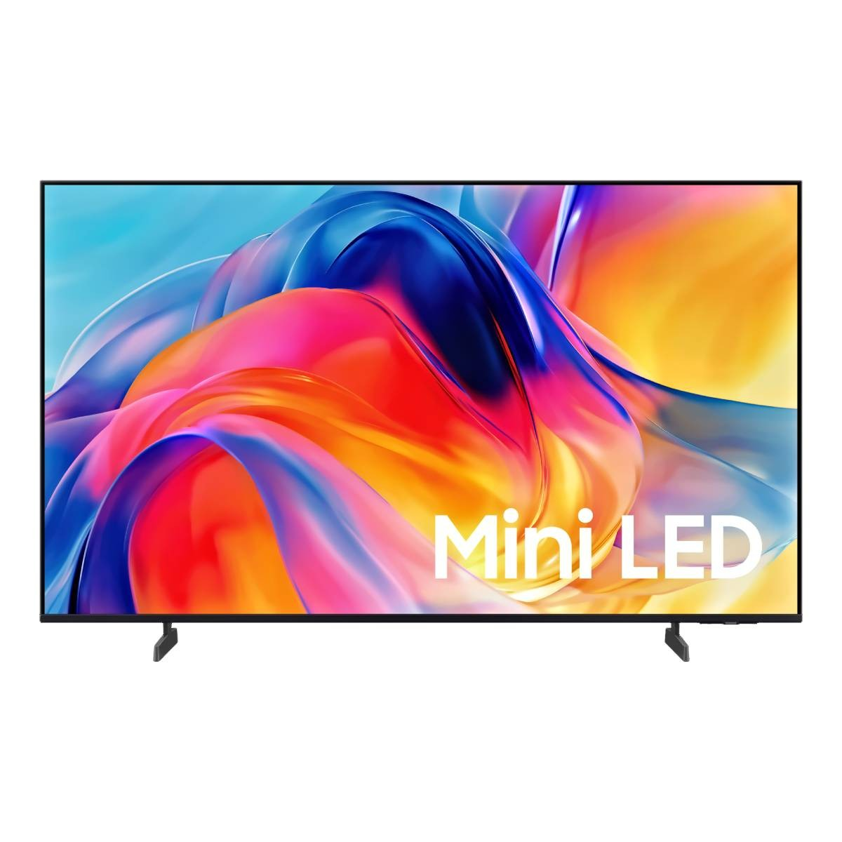 Ein Fernseher mit schwarzem Rahmen zeigt ein abstraktes, buntes Bild mit dem Text Mini LED.