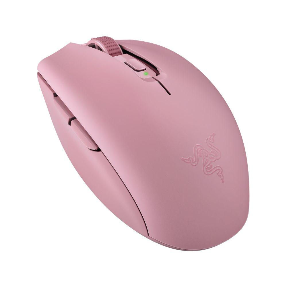 Un ratón de ordenador inalámbrico Razer rosa sobre fondo blanco.