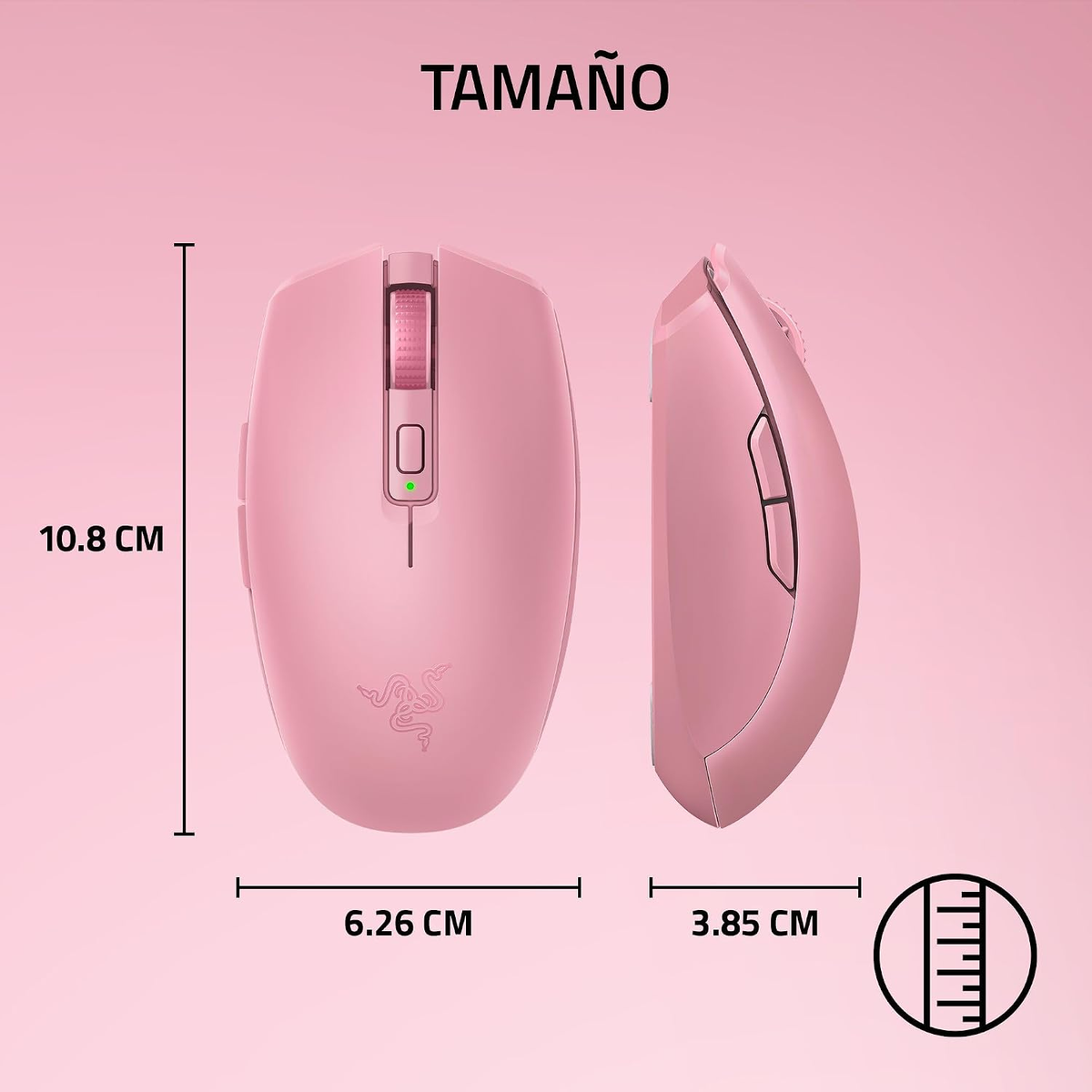 Ratón de ordenador rosa con dimensiones sobre fondo rosa.