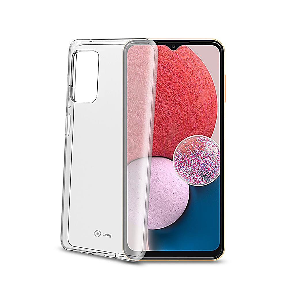 Un teléfono inteligente con una funda protectora transparente y un fondo de pantalla colorido.