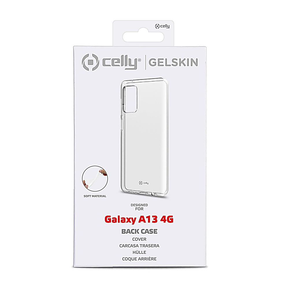 Empaque de la funda Celly Gelskin para Galaxy A13 4G, transparente y hecha de material suave.